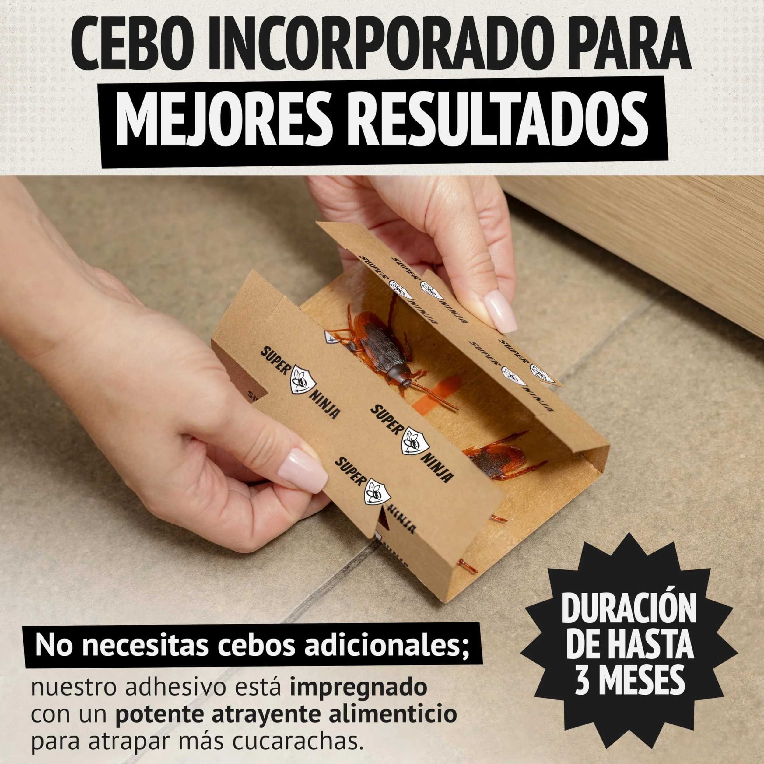 Trampas para Cucarachas Super Ninja – Pack 12 Unidades, Trampa Adhesiva con Atrayente Natural, Mata Cucarachas sin Tóxicos, Duración 3 Meses