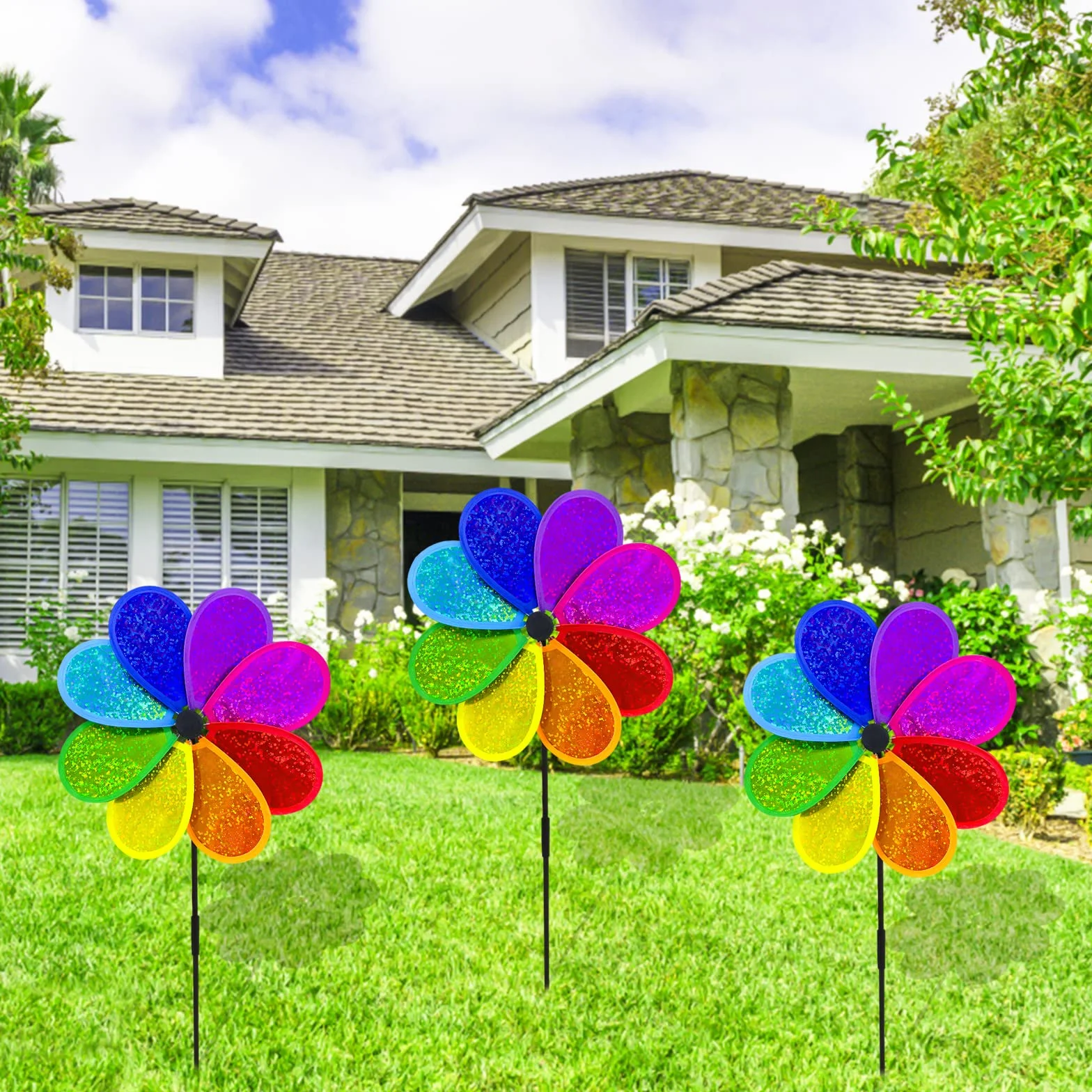 Molino de viento con flores arco iris spinner decoración jardín 4 piezas