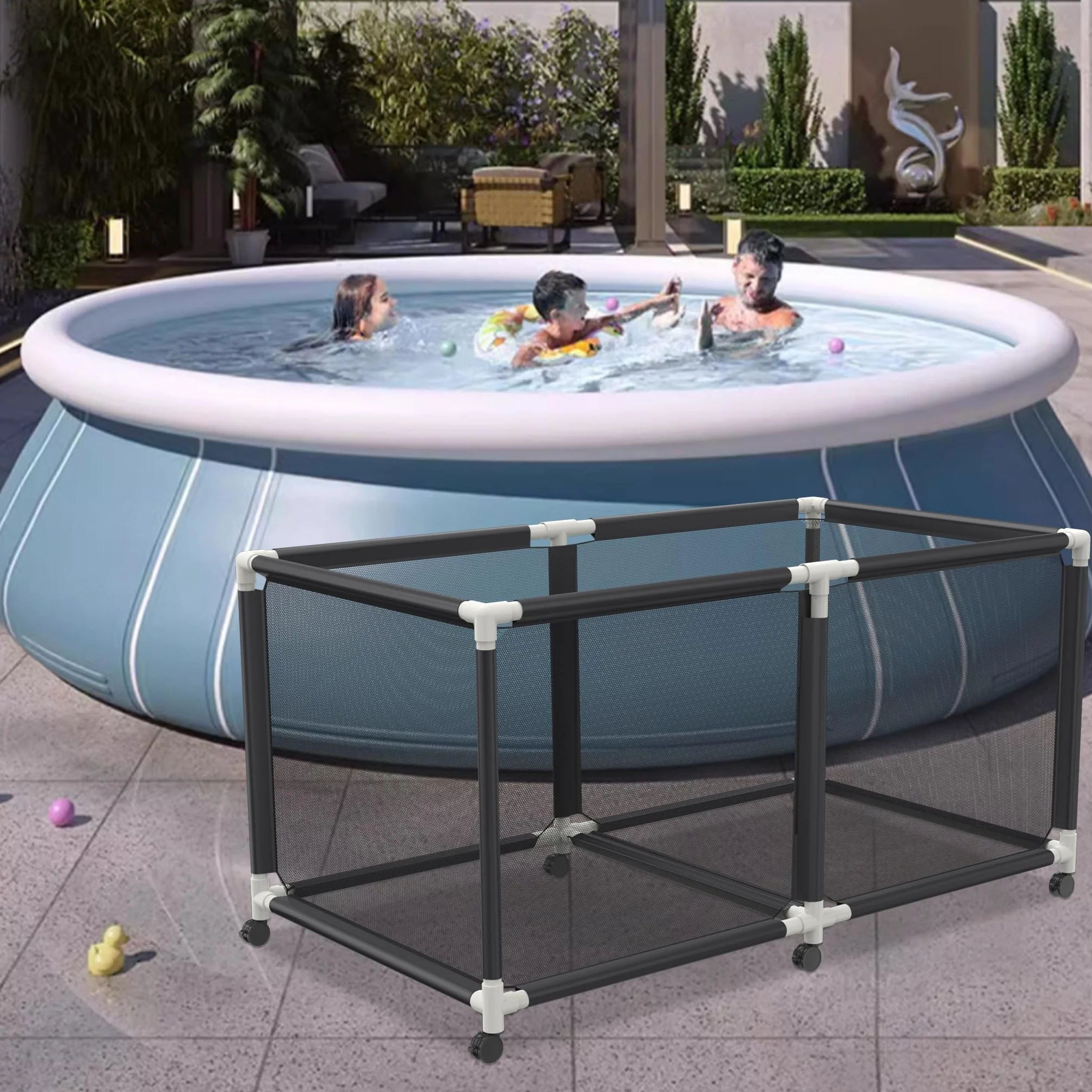 Caja de almacenamiento de piscina con ruedas 160 x 79 x 88 cm contenedor gran capacidad