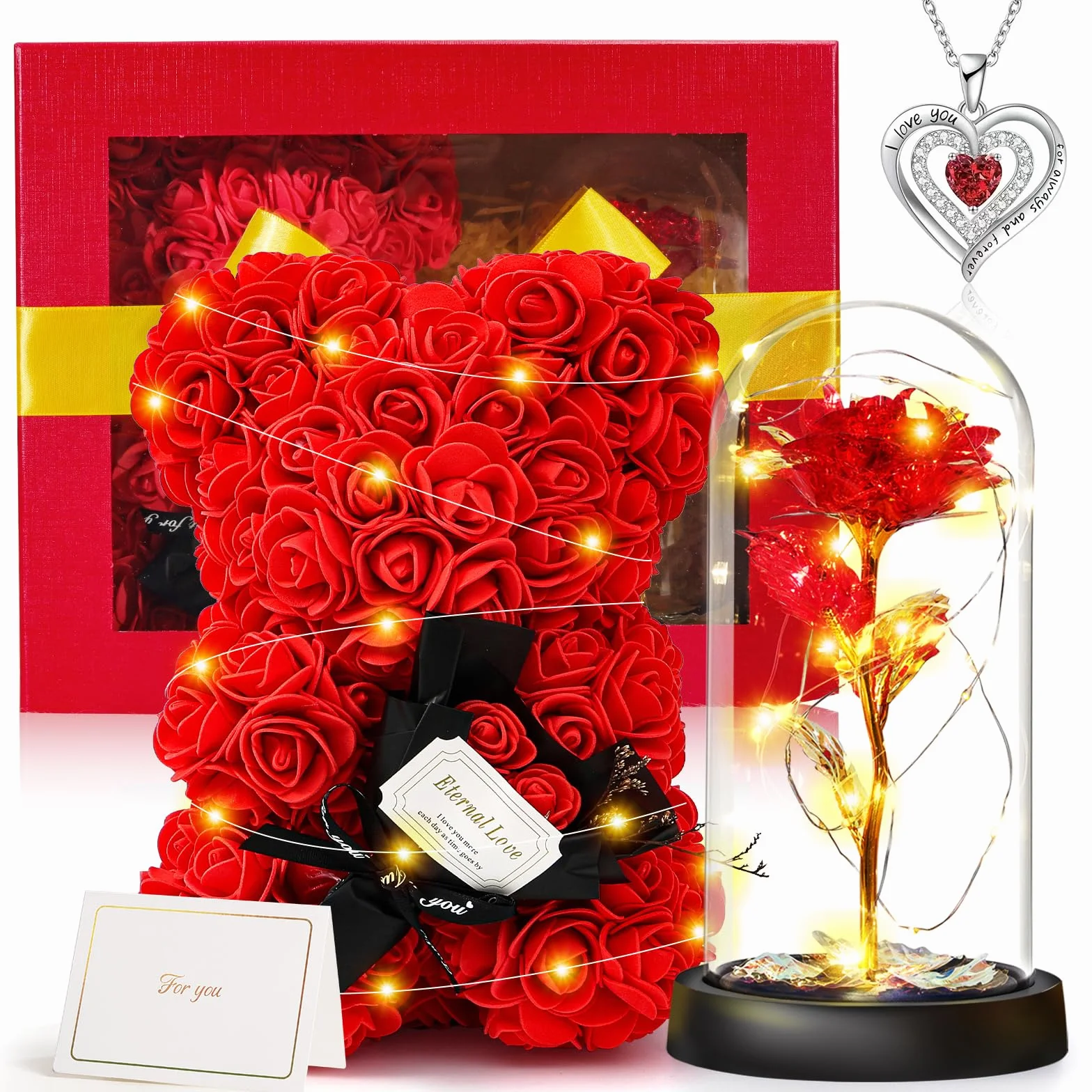 Rosa Eterna Oso Rosa Collar Caja Regalo Madre Mujer Aniversario Cumpleaños