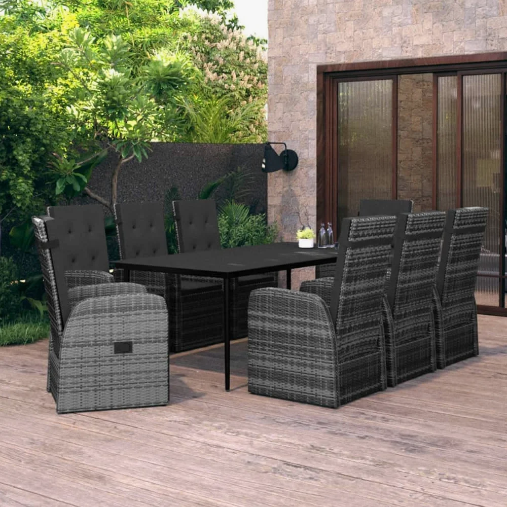 Hothingwell Conjunto de comedor de jardín de 9 piezas gris con cojines | Marco de acero con recubrimiento en polvo, resina trenzada resistente al agua, respaldo y reposapiés ajustables