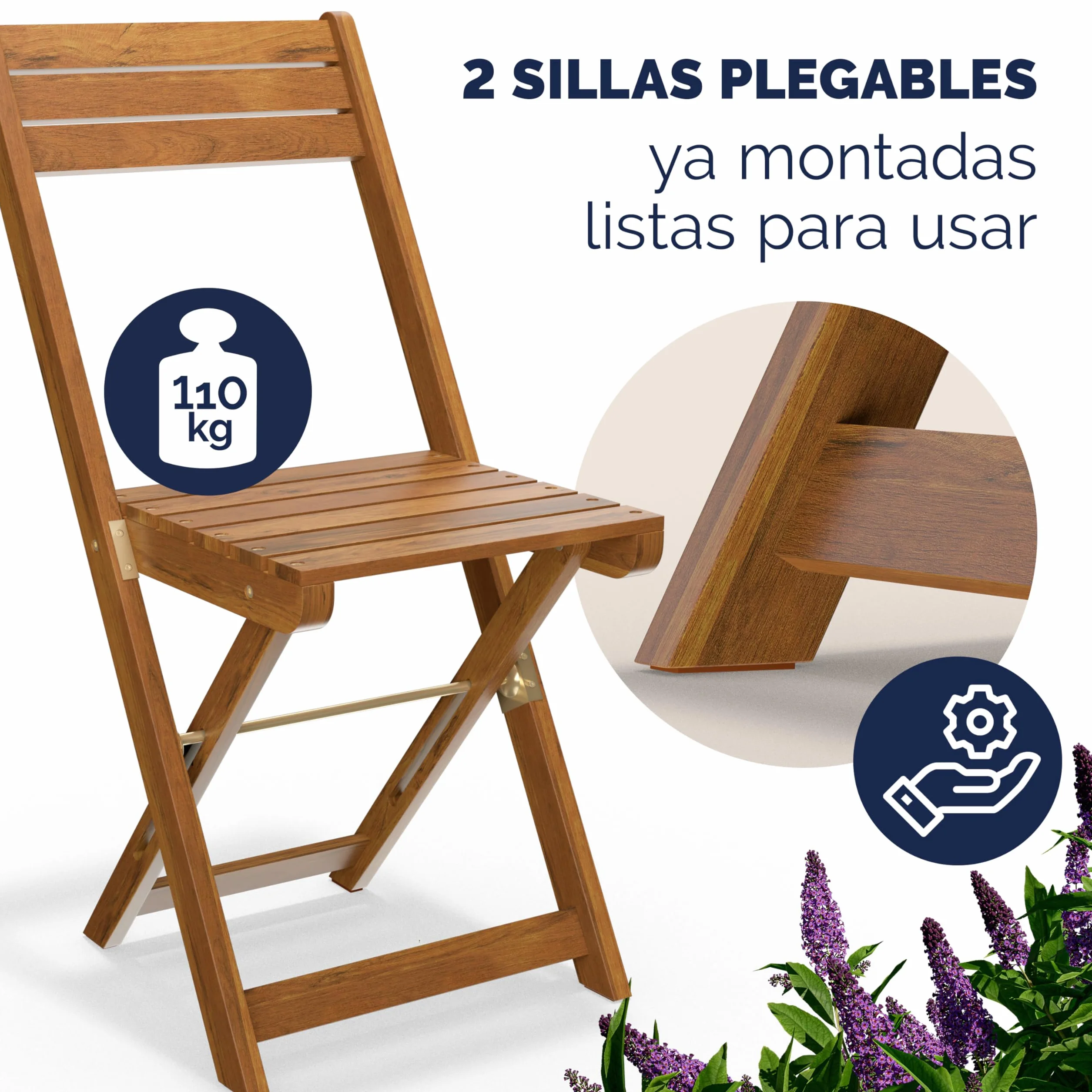 Casaria Set de Mesa y 2 Sillas Plegables Madera, Juego Bistró Compacto Jardín