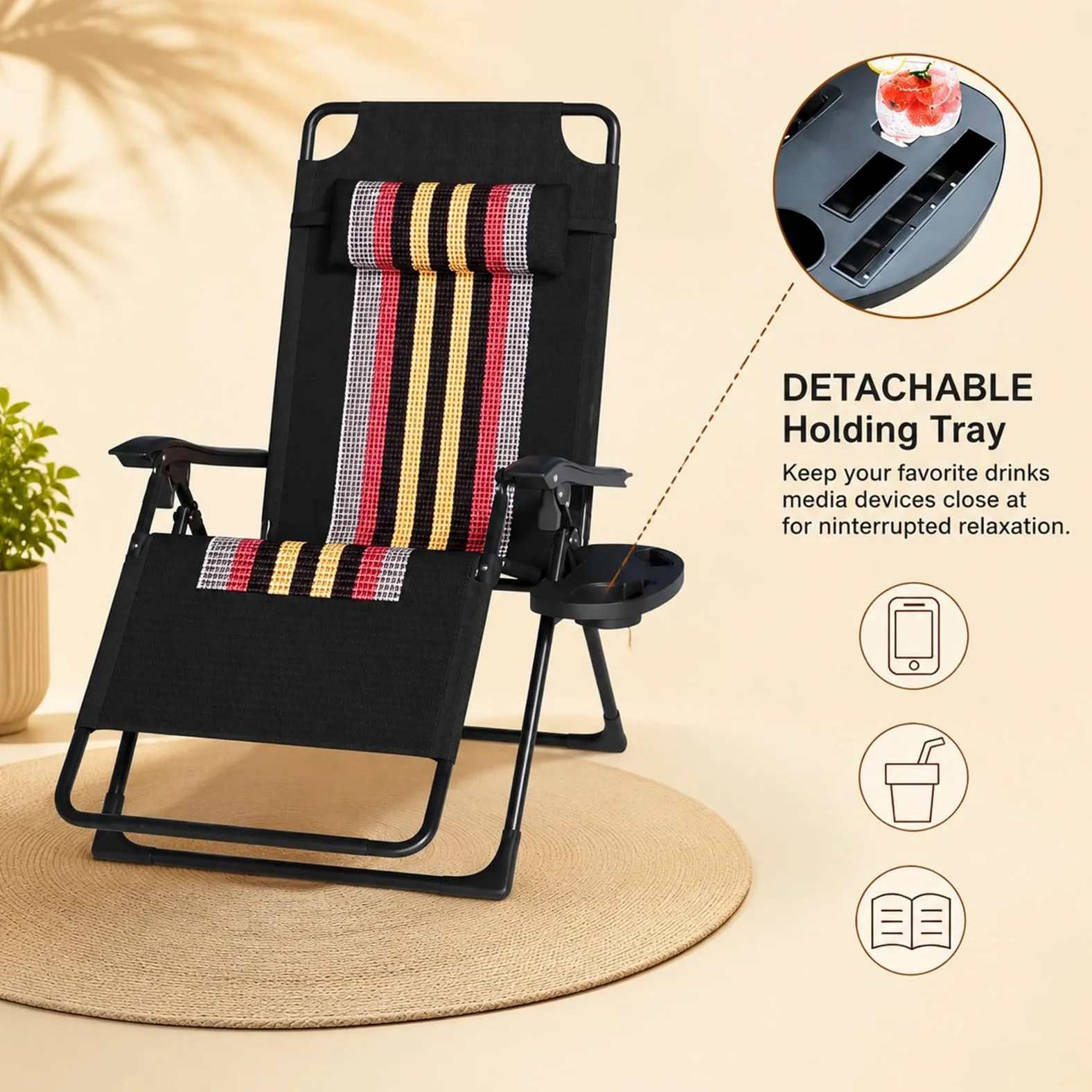 Tumbona plegable con cojín lumbar de una pieza, silla ergonómica para tumbona, respaldo ajustable, para exteriores, hasta 150 kg, silla de jardín para jardín, piscina, balcón y terraza (gris-1 unidad)