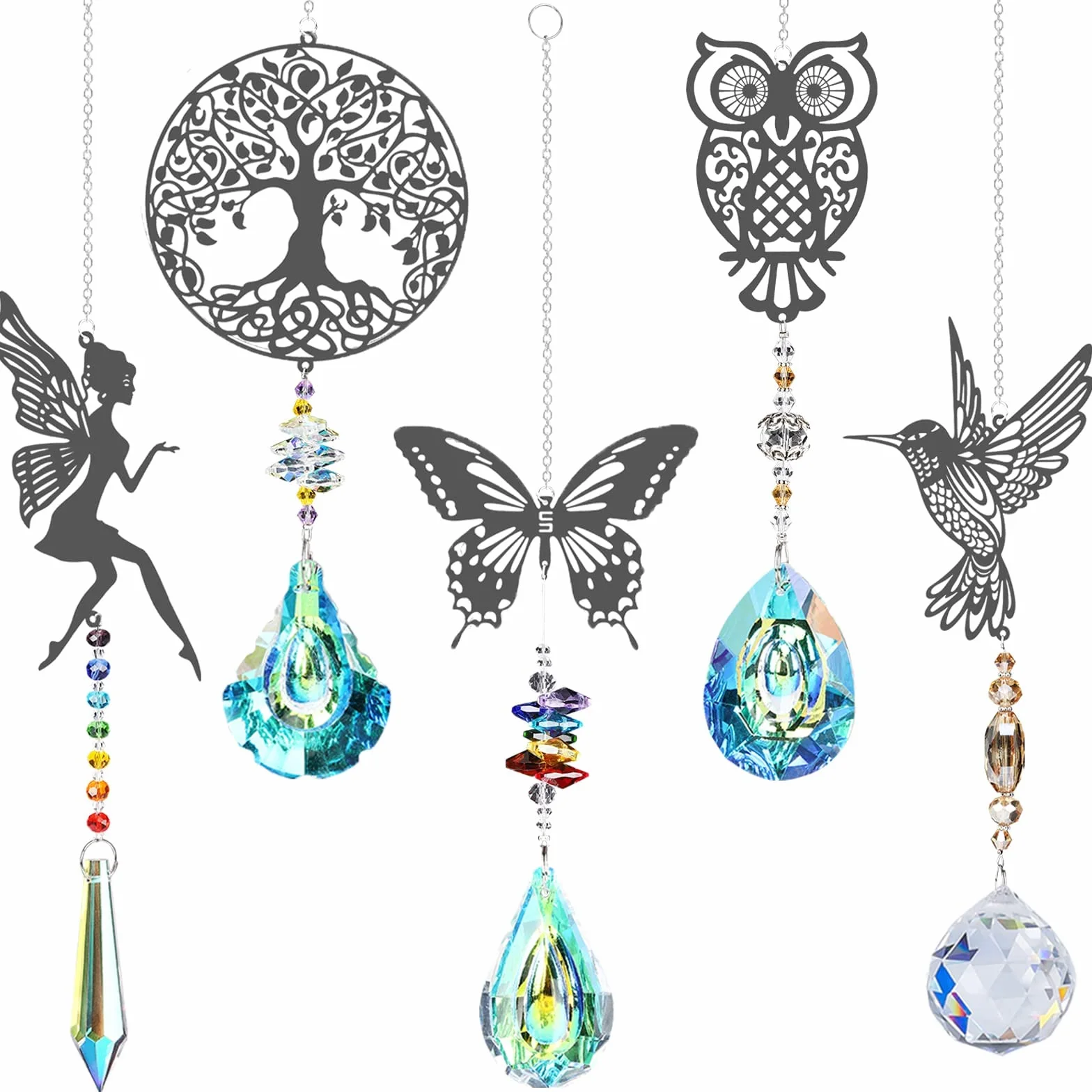 Atrapasoles Colgante de Cristal Pack de 5 Árbol Búho Colibrí Mariposa Hada Decoración Ventana Jardín