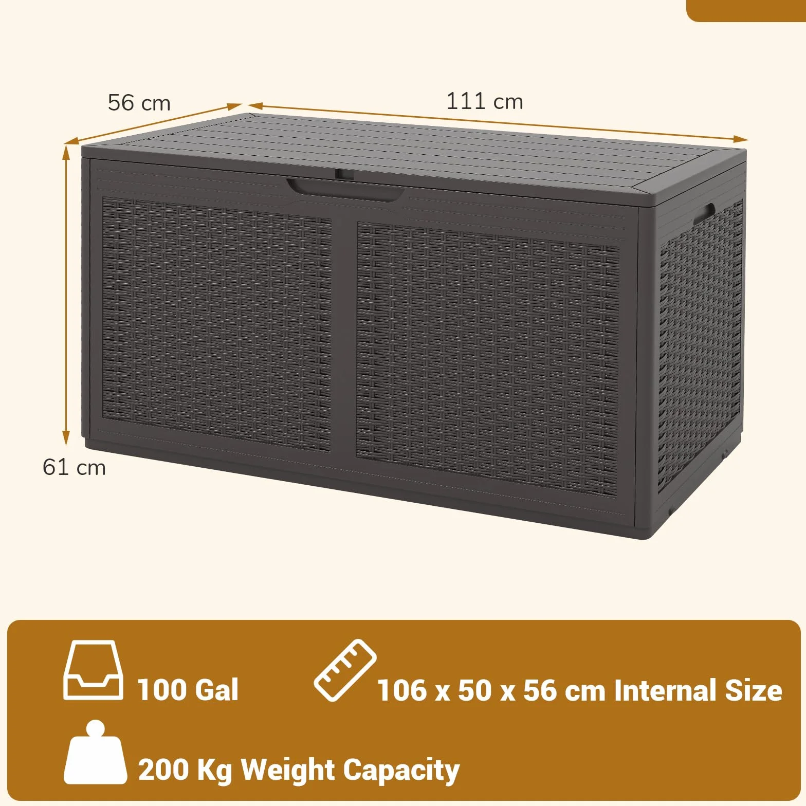 GOPLUS Baúl Almacenaje Exterior 380 L, Arcón Resina Impermeable con Cerradura, 111 x 56 x 61 cm Marrón