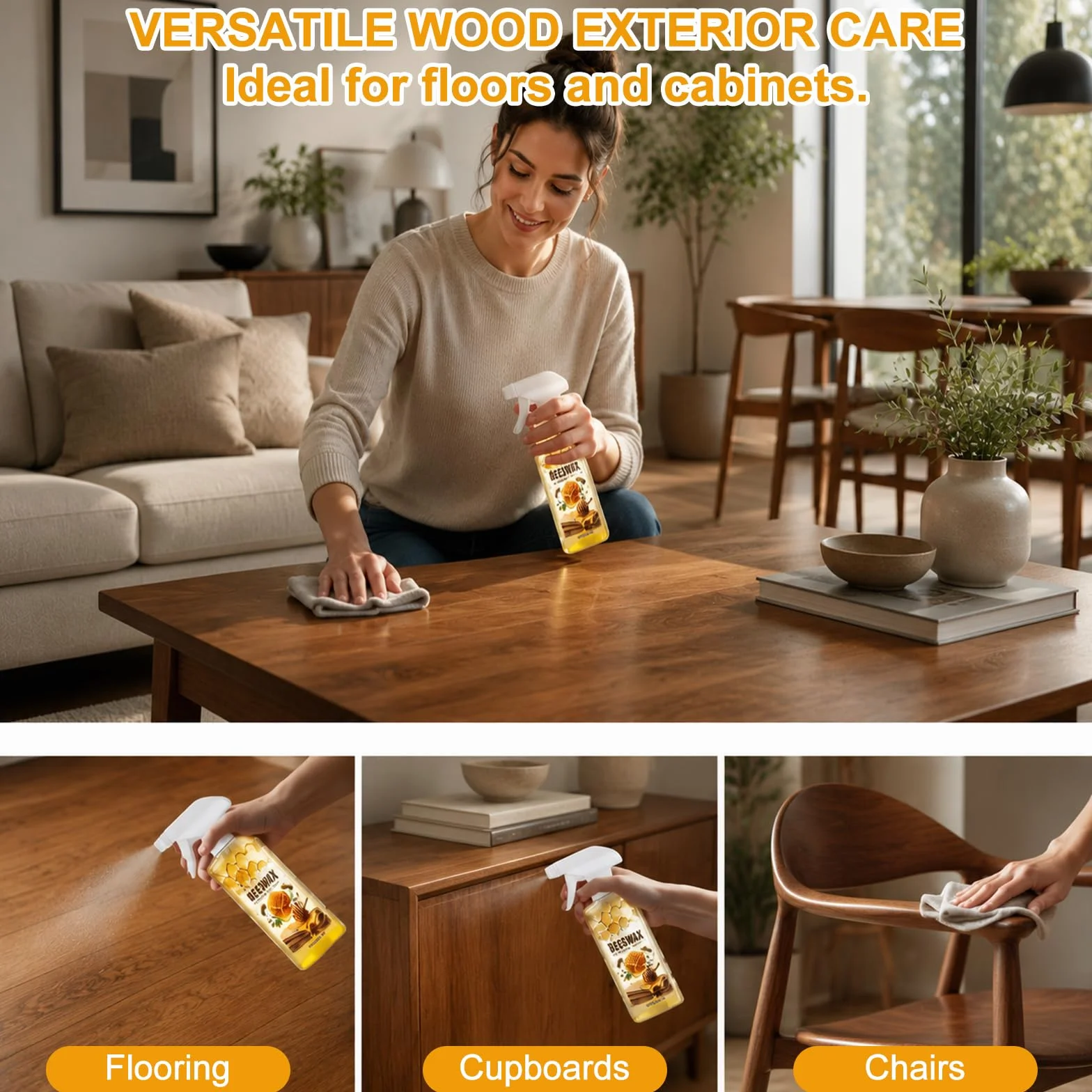 Cera de Abejas Spray para Muebles 120ML, Limpiador Protector Madera Natural con Esponja y Paño