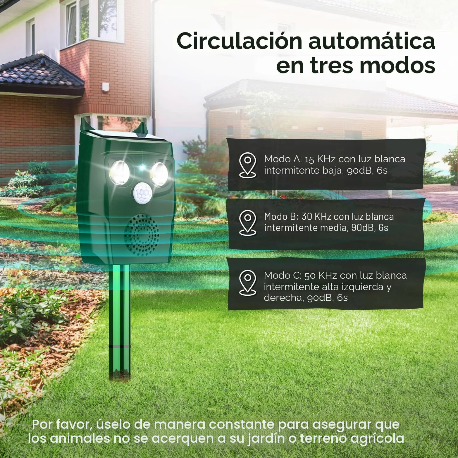 Repelente Gatos para jardín, Ahuyentador Gatos Ultrasónico con Detector de Movimiento, 3 Modos Ultrasónicos y Flash Pueden automáticamente Ahuyentador De Pajaros, Resistente a la Intemperie, Solar
