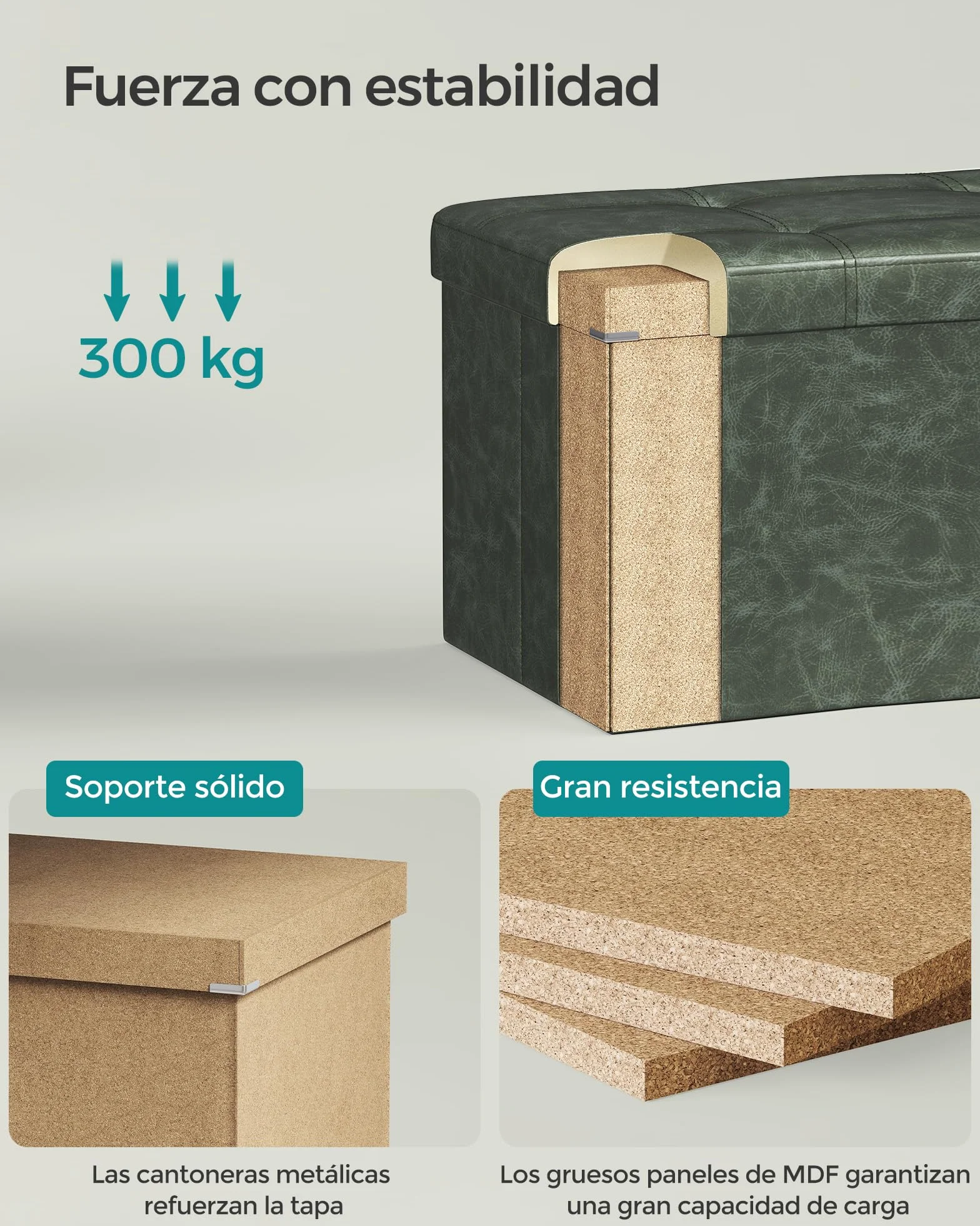 SONGMICS Baúl de Almacenaje Plegable 38x76x38 cm Taburete Reposapiés hasta 300 kg Verde Bosque