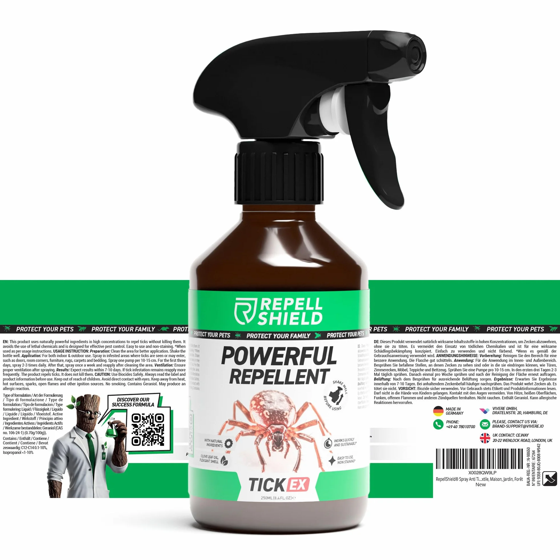 RepellShield® Repelente Garrapatas y Pulgas Natural 250ml - Tomillo y Geraniol - Uso Interior Exterior