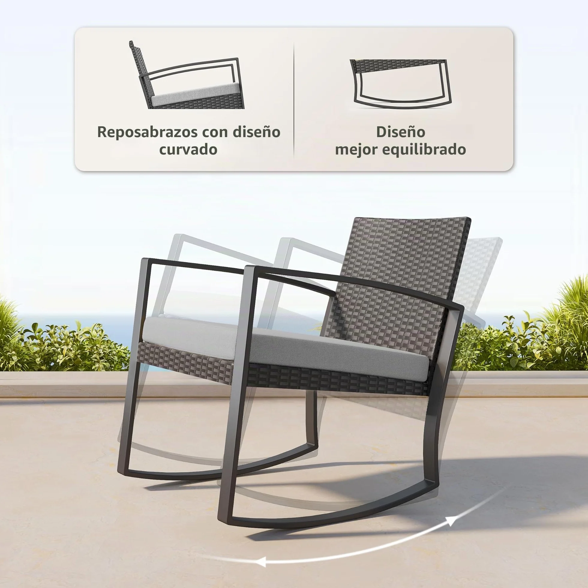 Bealife Conjunto Muebles de Jardín 3 Piezas, 2 Sillas Mecedoras de Ratán Sintético con Cojines y 1 Mesa Auxiliar, Juego de Balcón, Terraza y Patio, Exterior Resistente a la Intemperie (Gris)