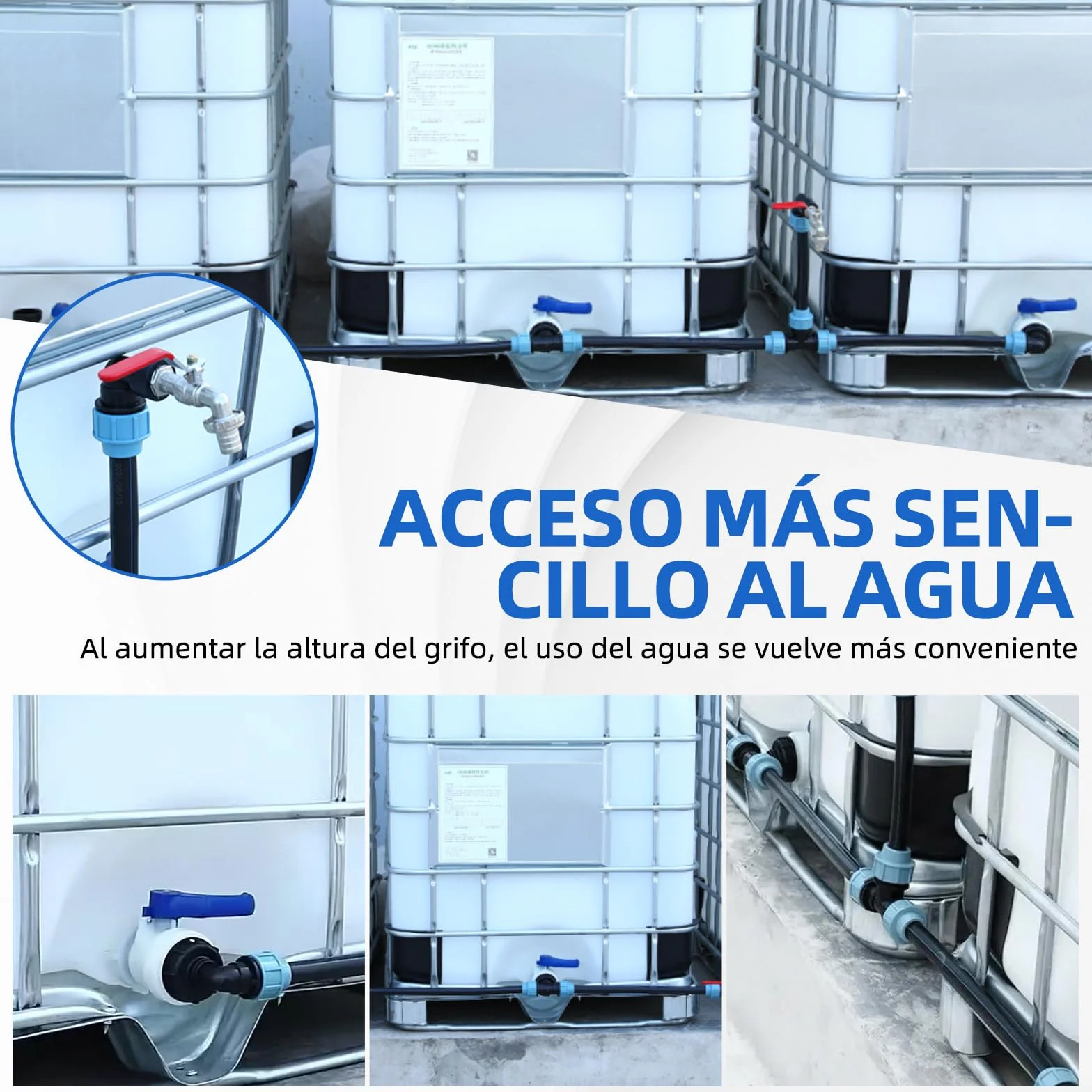 Kit de conexión para 3 depósitos IBC, grifo 3/4", conexión de manguera, riego de jardín