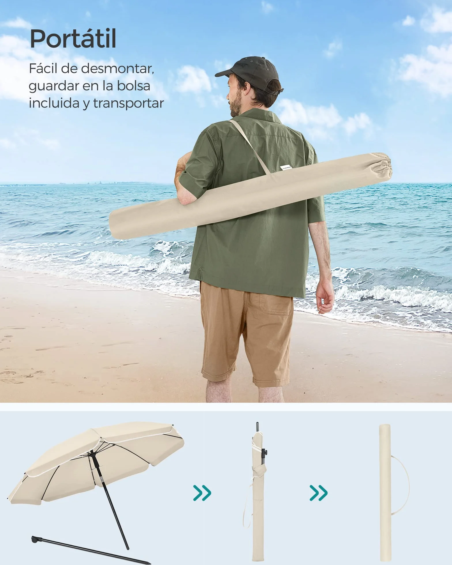 SONGMICS Sombrilla 200 cm UPF 50+ Inclinación Bidireccional 30° Altura Ajustable con Bolsa