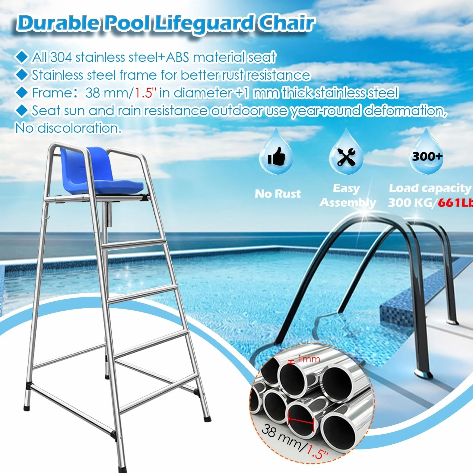 Silla de socorrista de piscina 120/150/180cm altura salvamento alta resistencia