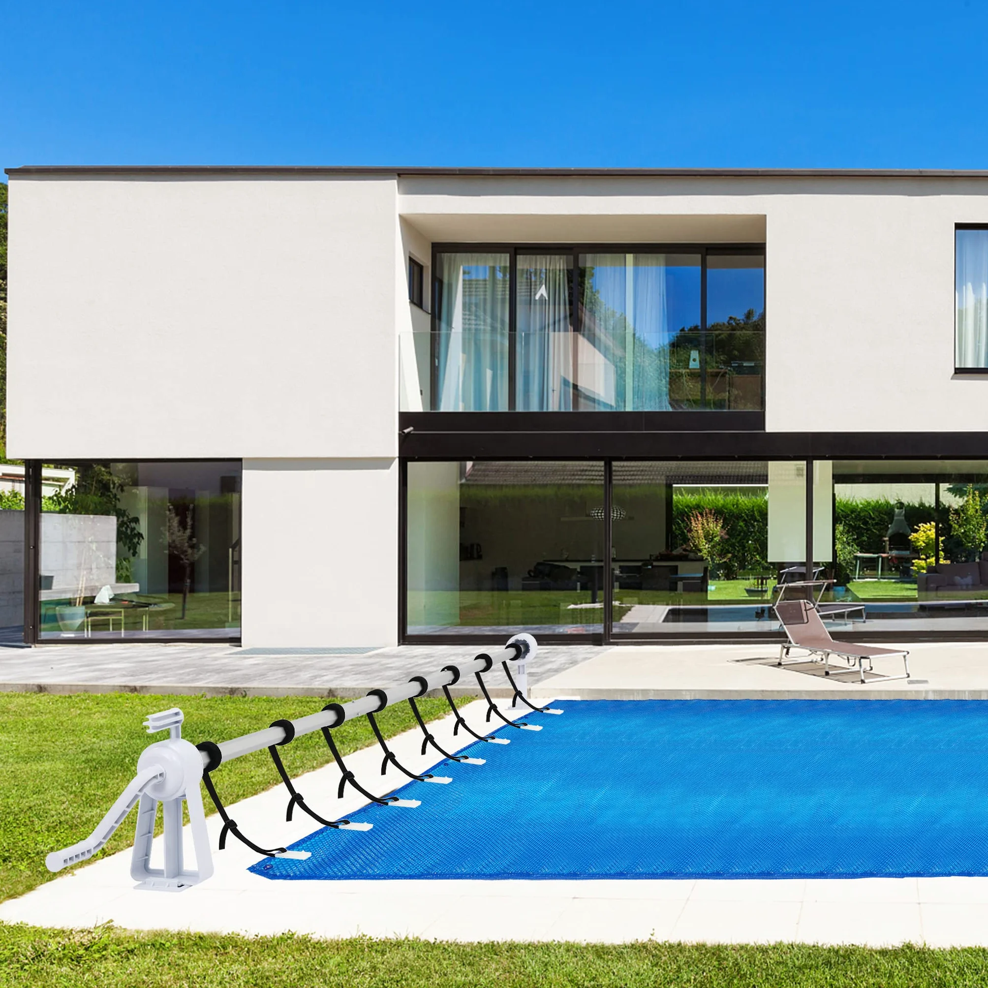 Aufun Enrollador de Piscina Premium 1,05 – 6,15 m Sistema de Enrollado Móvil con 8 Bandas de Fijación