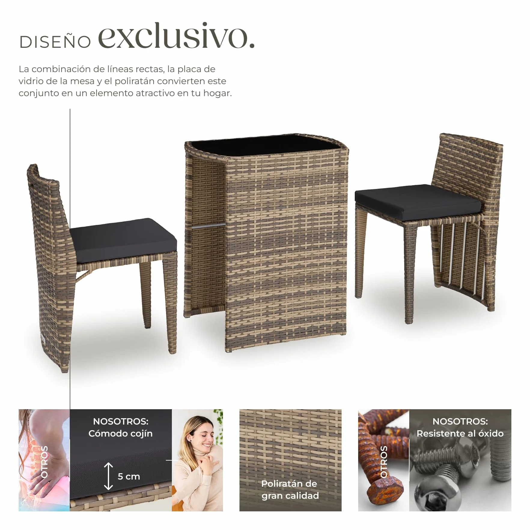 Tectake Conjunto Jardín Exterior Ratán Aluminio 2 Sillas Cojines Mesa Cristal Natural