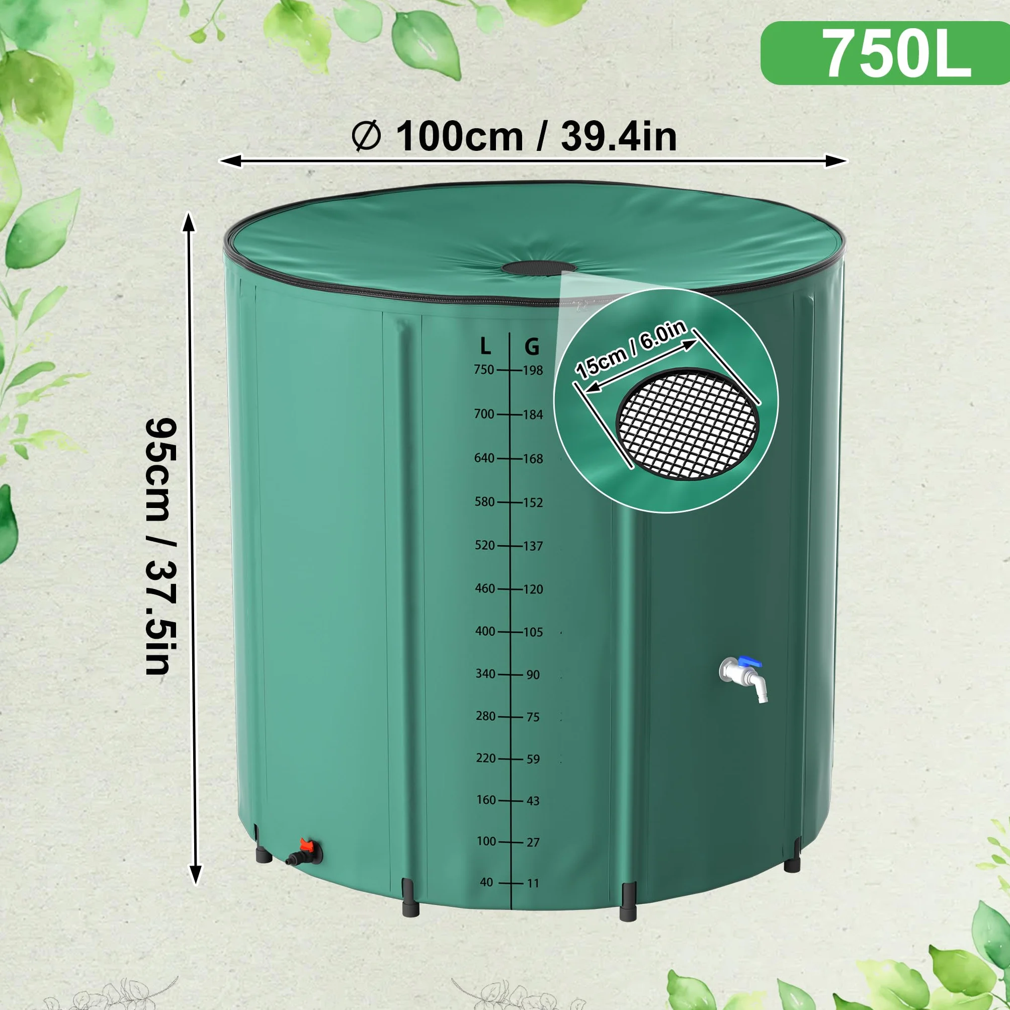 Depósito de agua de lluvia plegable 750 litros con tapa y escala, lona mate, para riego de jardín