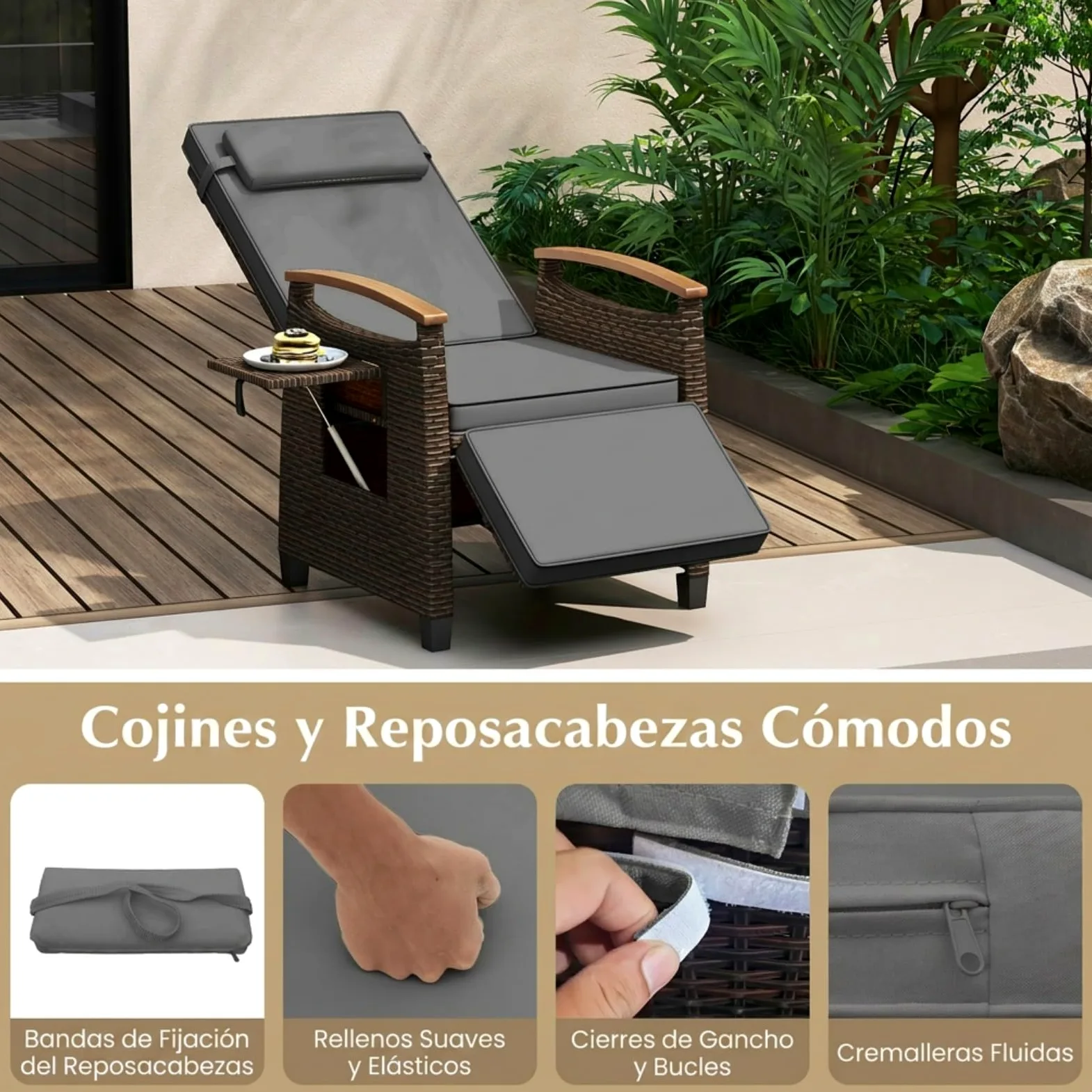 COSTWAY Silla Reclinable Jardin, Tumbona de Ratán con Respaldo y Reposapiés Ajustables, Mesita Abatible, Reposacabezas Extraíble y Reposabrazos de Madera, Sillón Terraza Exterior para Patio (1,Gris)