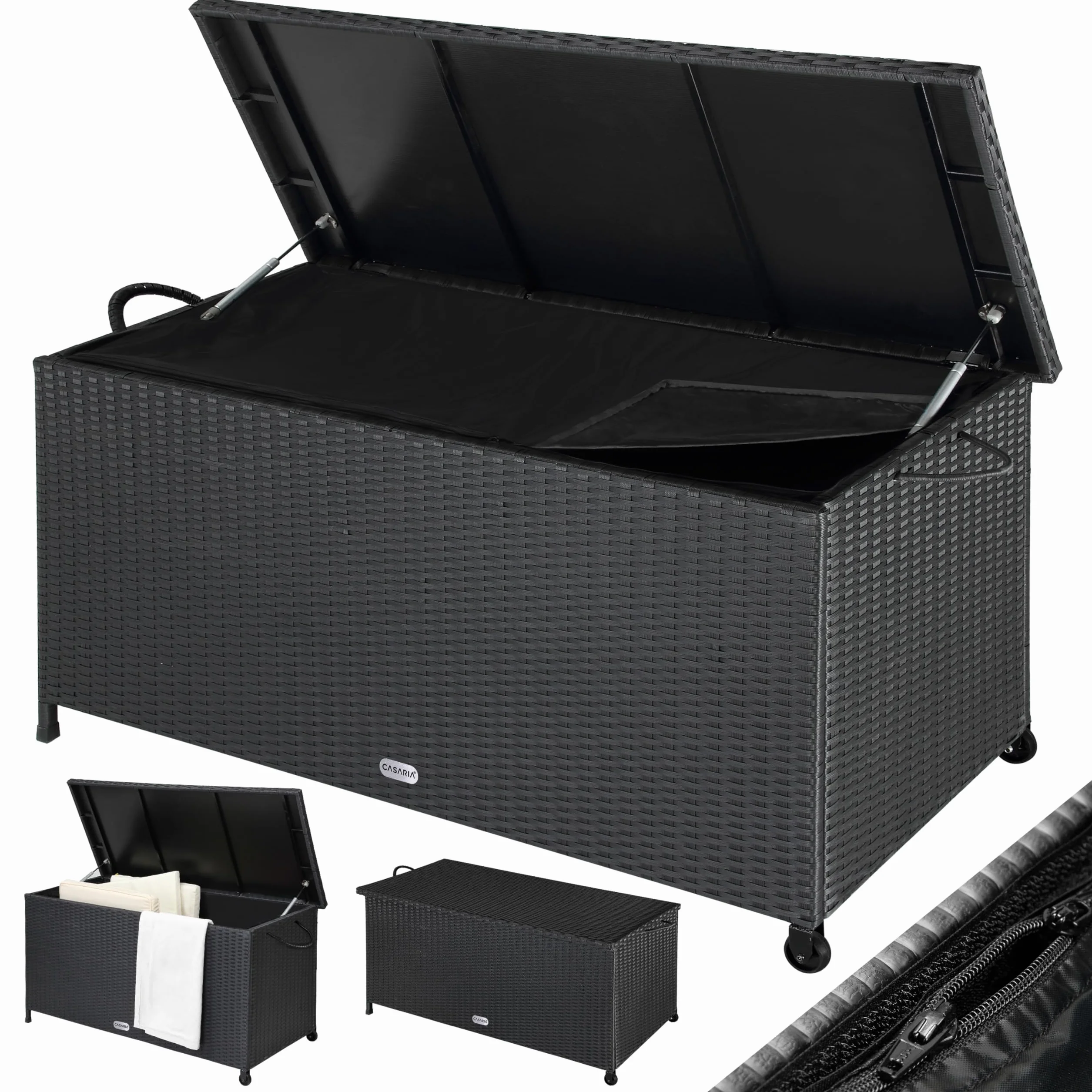 CASARIA Baúl de Almacenamiento Exterior XXL 270L 117x53x60cm Poliratán Negro 2 Ruedas