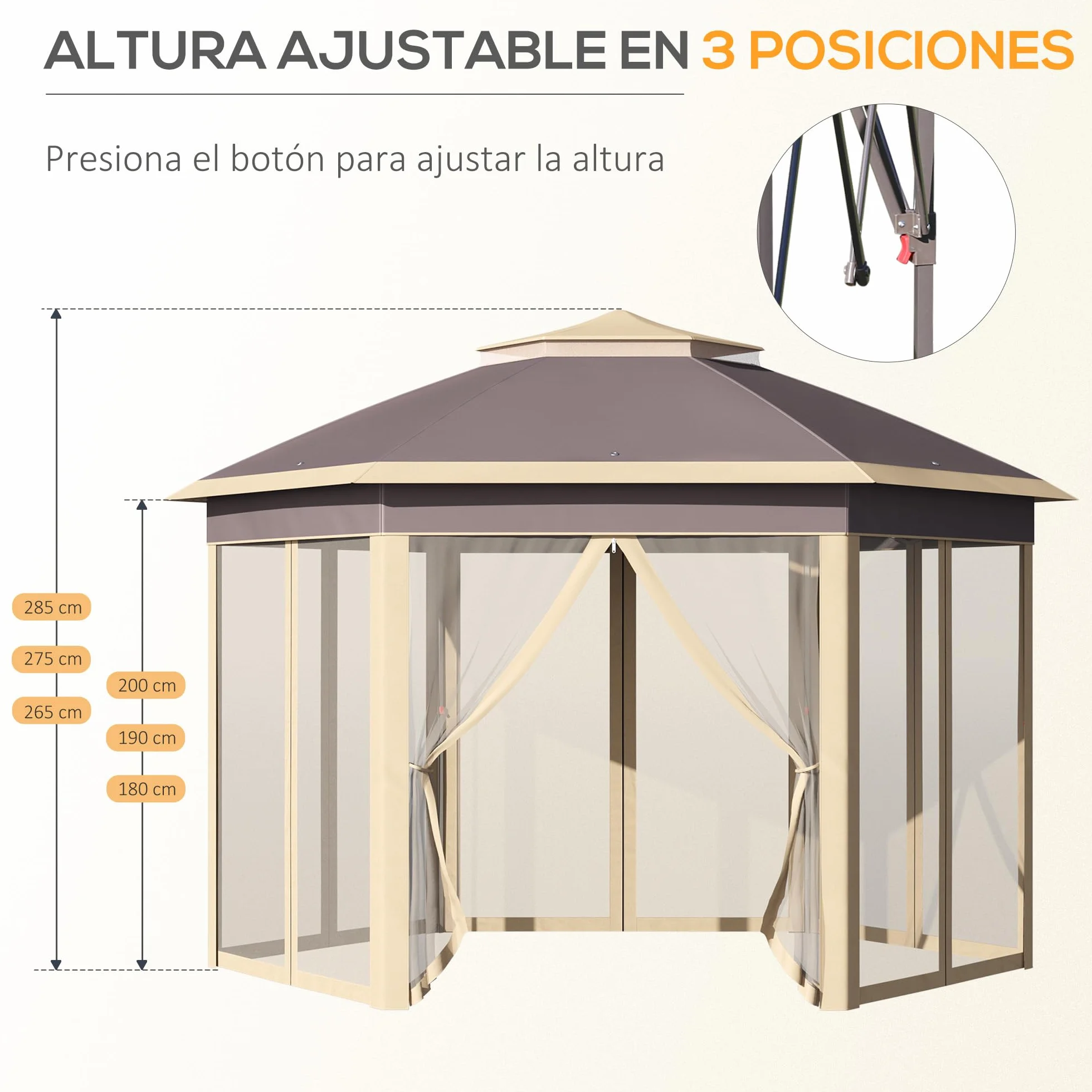 Outsunny Carpa Plegable 4x3,4x2,85 m Cenador de Jardín Hexagonal con Doble Techo 6 Mosquiteras Desmontables Bolsa de Transporte Altura Ajustable en 3 Niveles y Anti-UV Gazebo para Fiesta Patio Beige