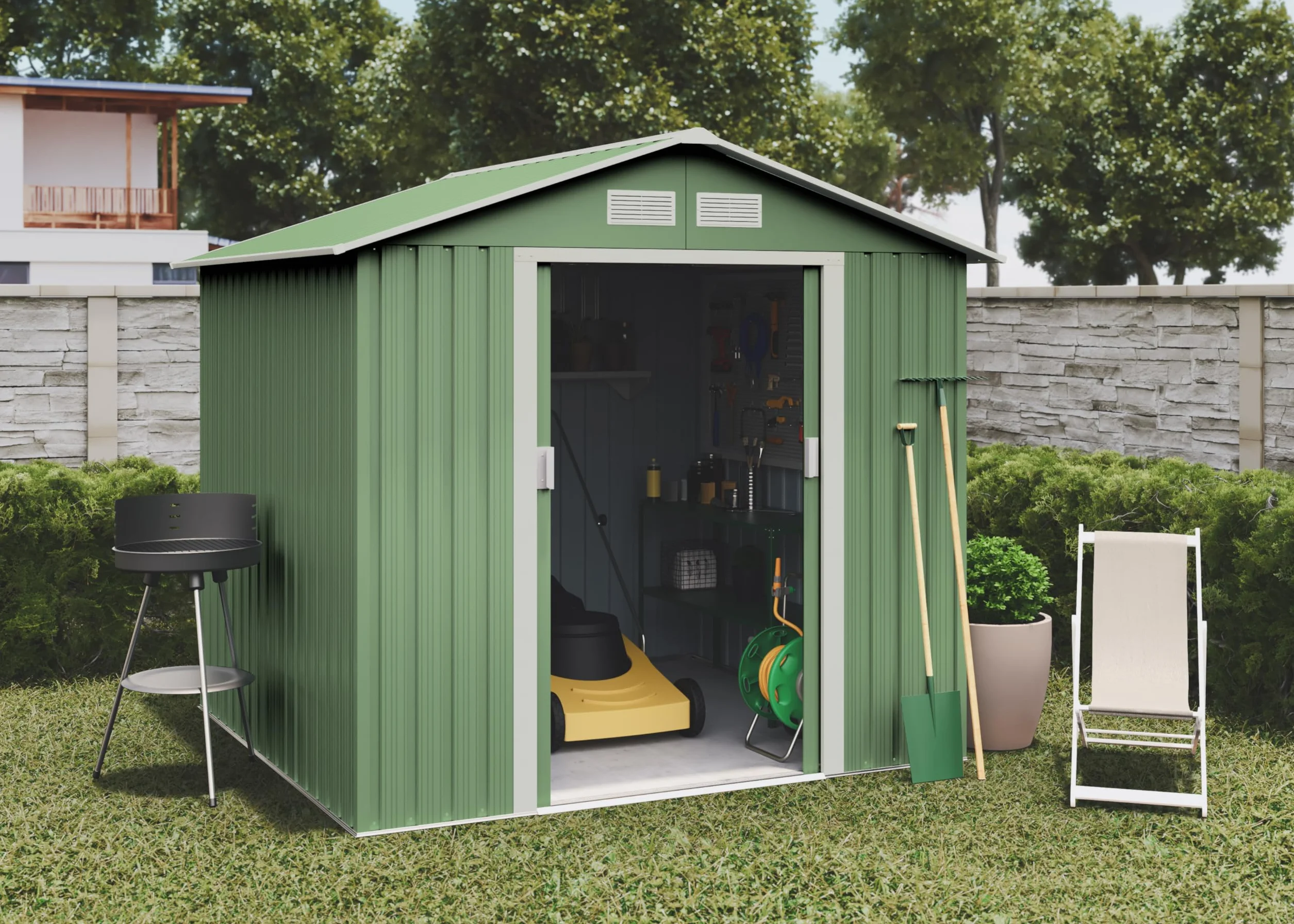 Wasabi Caseta Jardín Exterior 5,27 m2 Light Green Doble Puerta Corredera Cobertizo Metálico Almacenaje