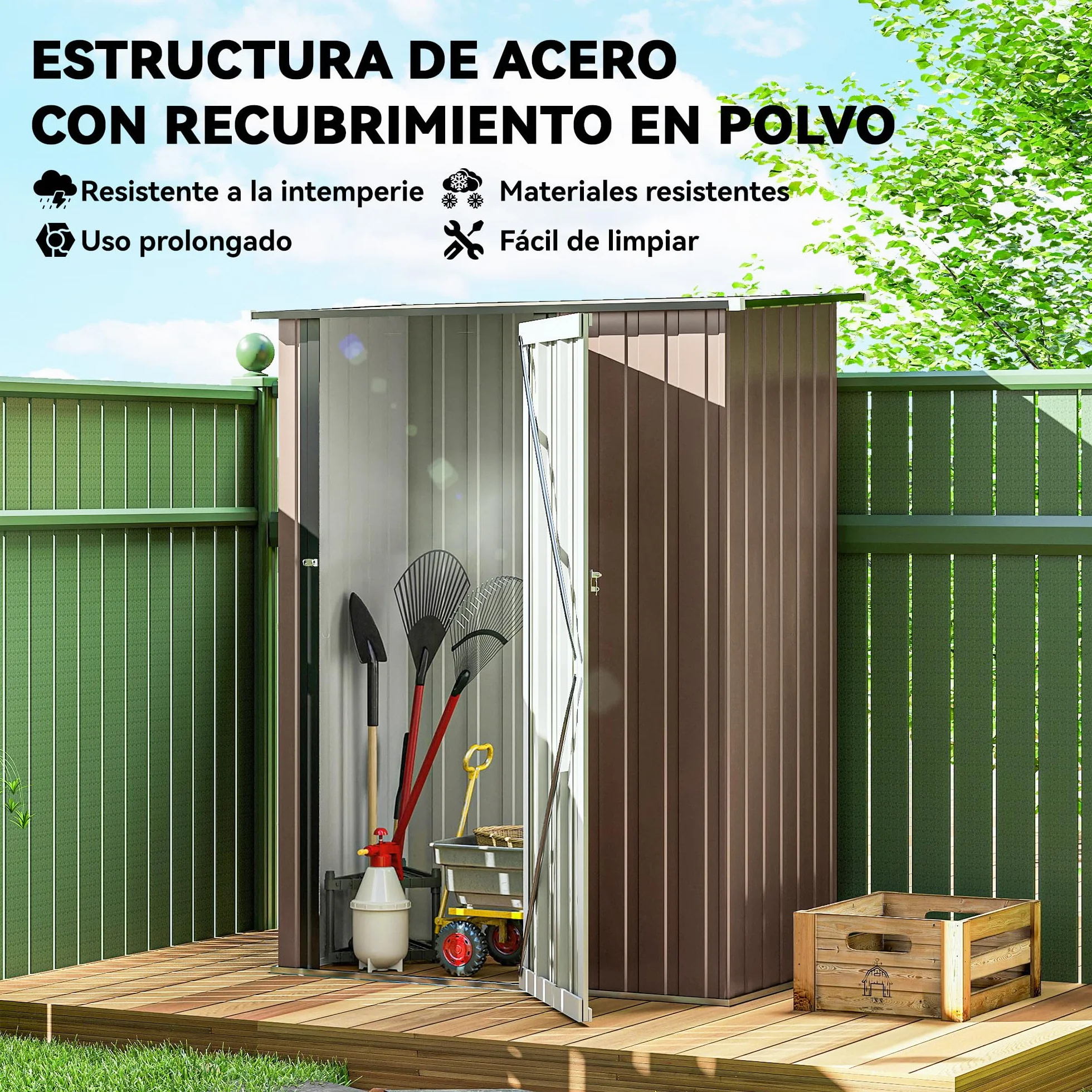 Outsunny Caseta de Jardín 1,07 m² 142x84x189 cm Cobertizo Exterior Metálico con Cerradura Marrón