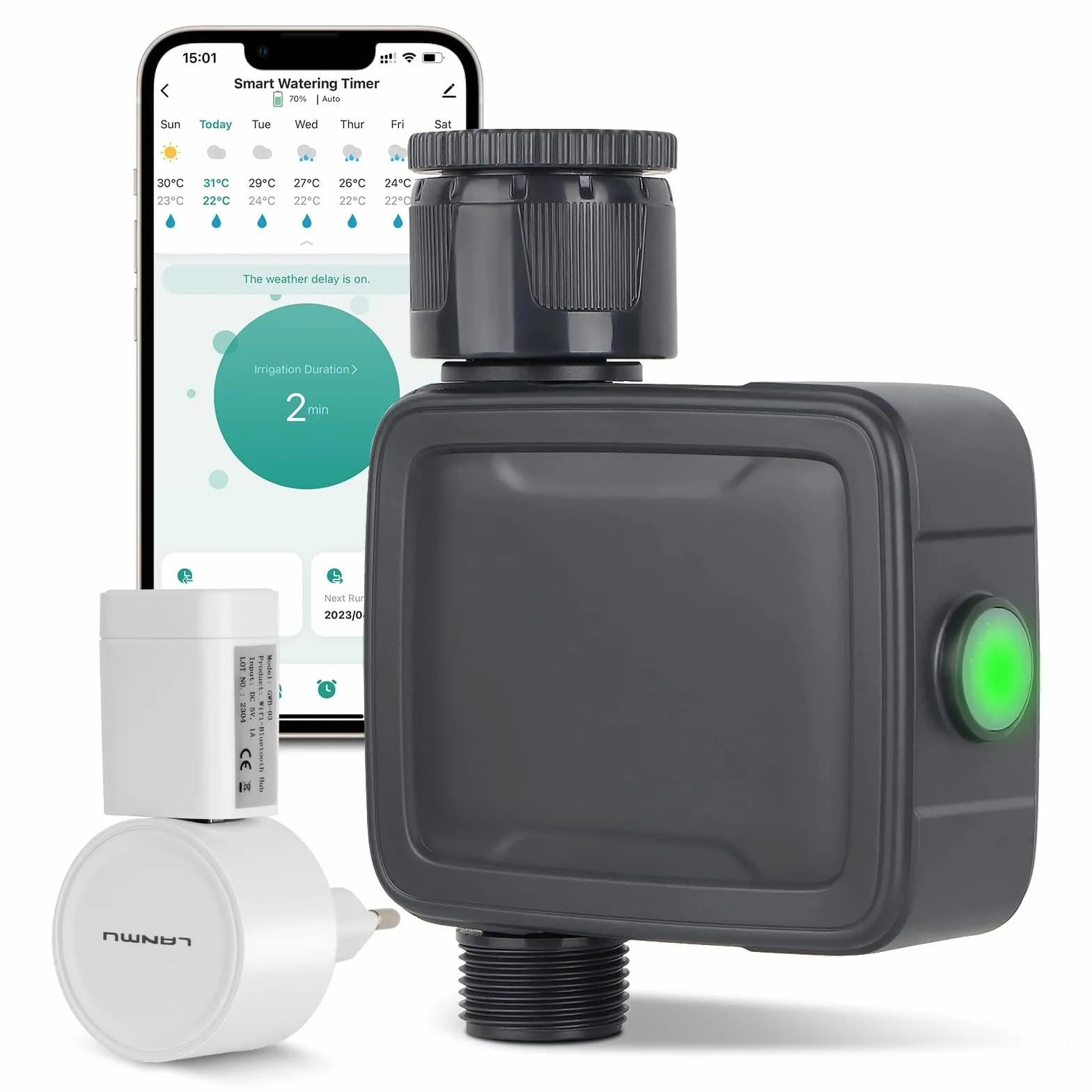 Tesoriero Ordenador de Riego WiFi Inteligente con Control por App y Voz, Retardo de Lluvia, Temporizador Automático para Jardín