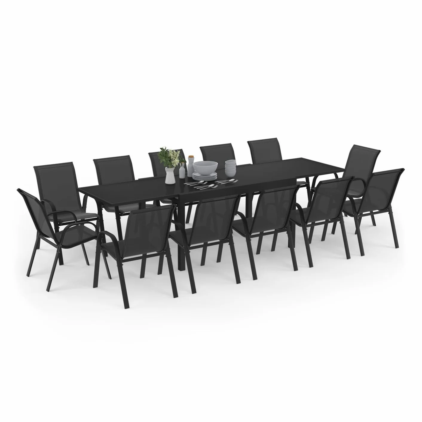 IDMarket - Juego de jardín Madrid con mesa extensible de 135-270 cm y 12 sillas apilables, color negro