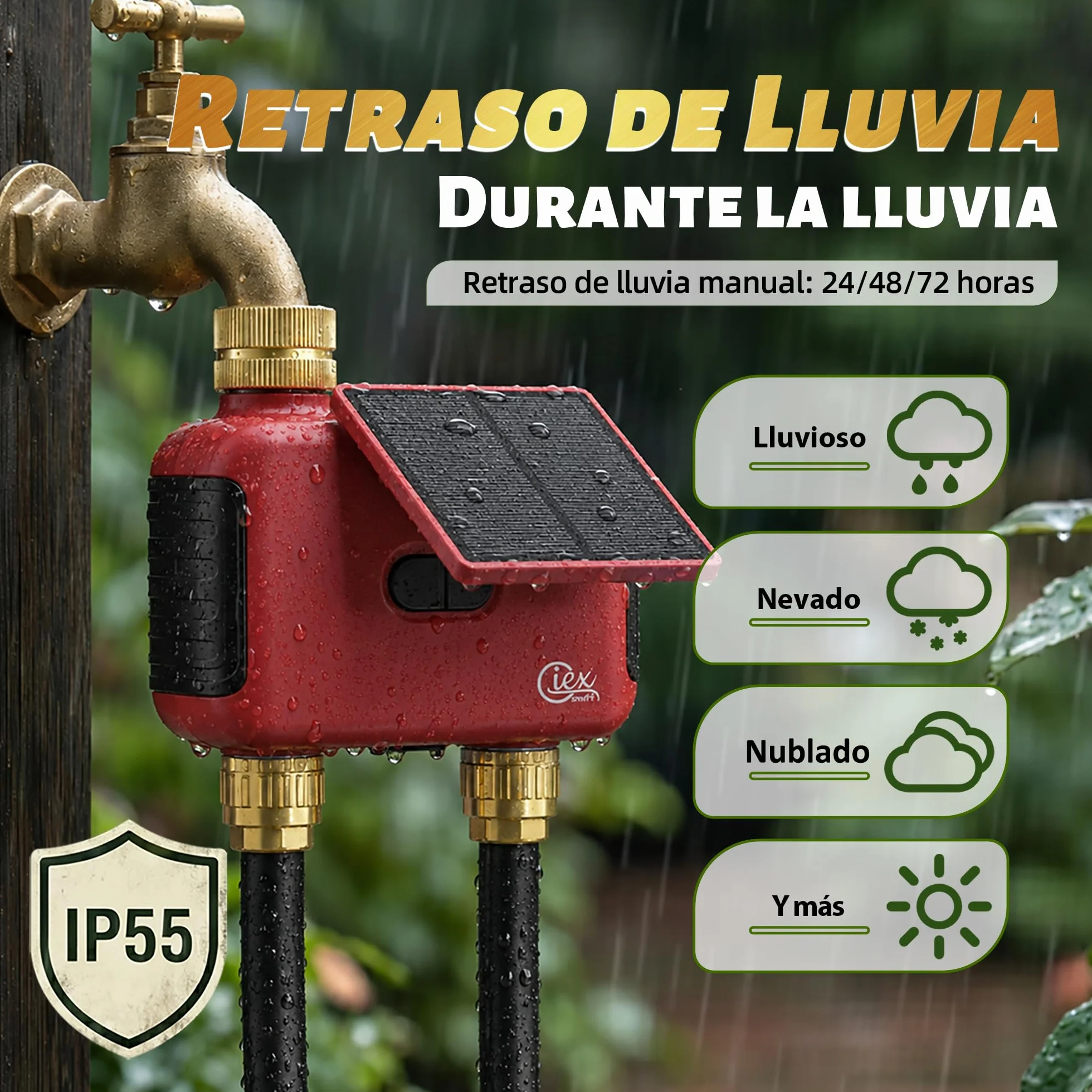 Programador de riego WiFi 2 Zonas, Temporizador Solar Recargable Doble Salida, Conectores Latón, App Smart Life, Alexa Google Assistant