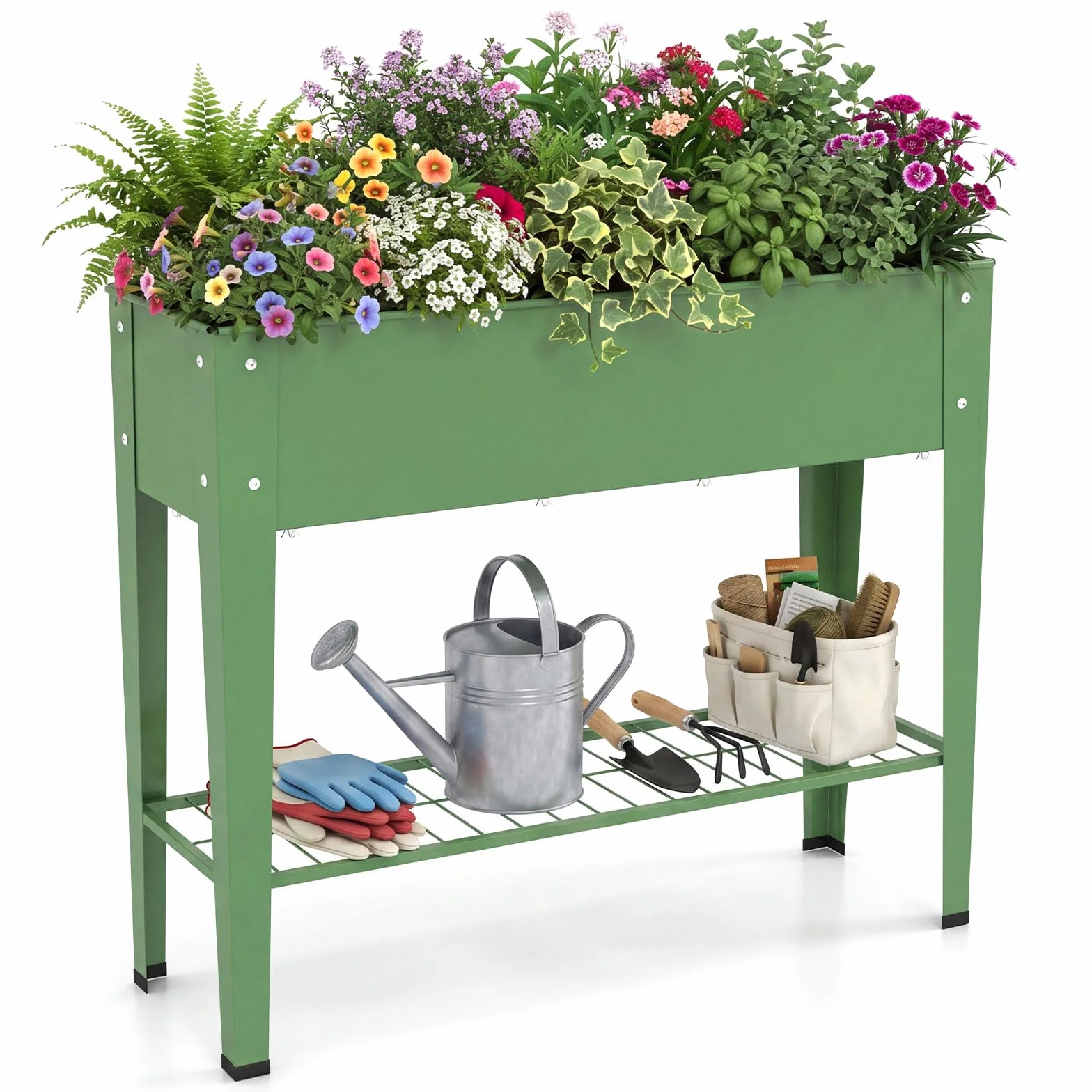 COSTWAY Huerto Urbano de Metal, Jardinera Elevada con Estanta de Almacenamiento de Malla, Agujero de Drenaje, Raised Garden Bed para Terraza Patio Jardín, 95 x 31 x 80 cm, Verde