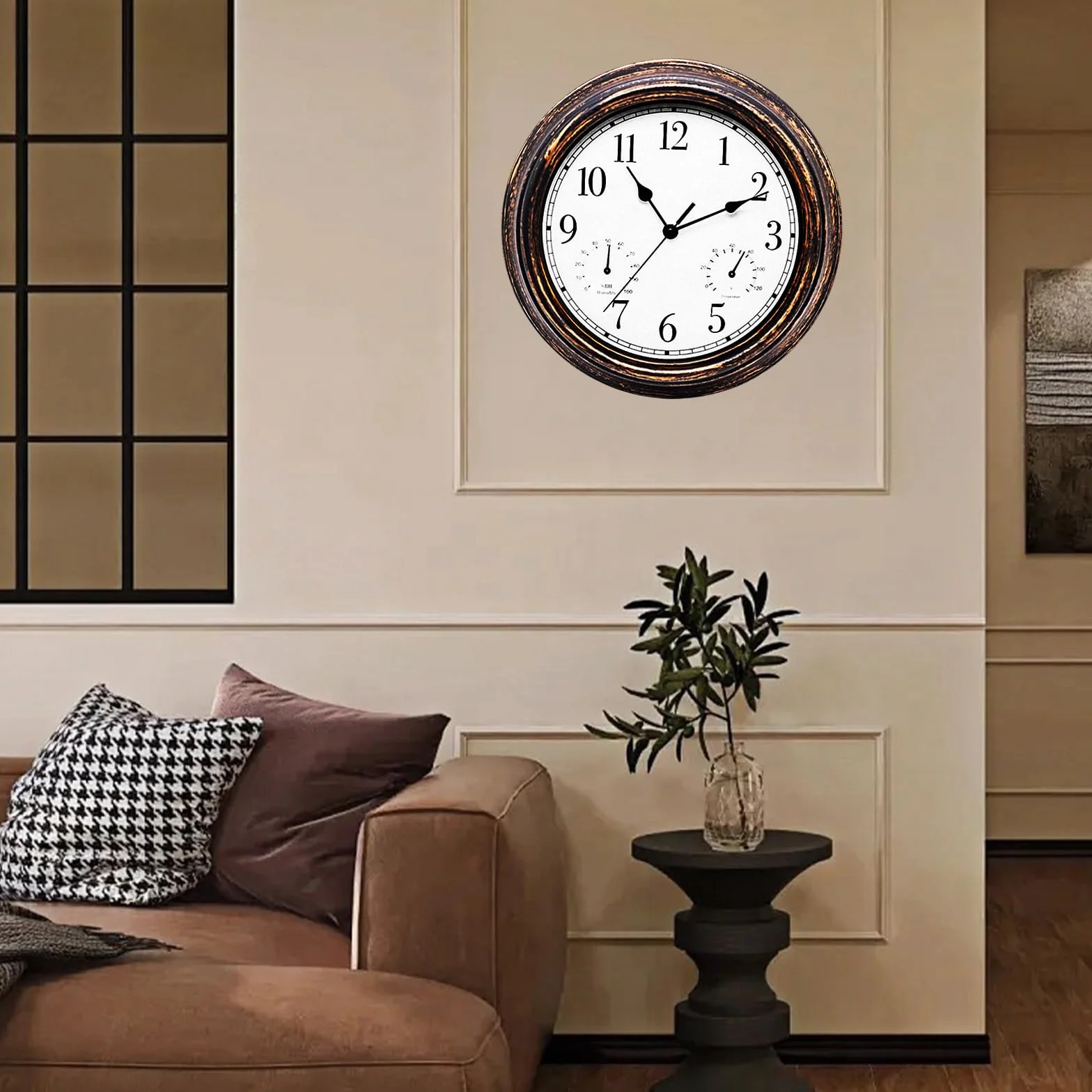 12 Pulgadas Reloj De Pared Impermeable Con Termómetro Y Medidor De Humedad Para Jardín Exterior