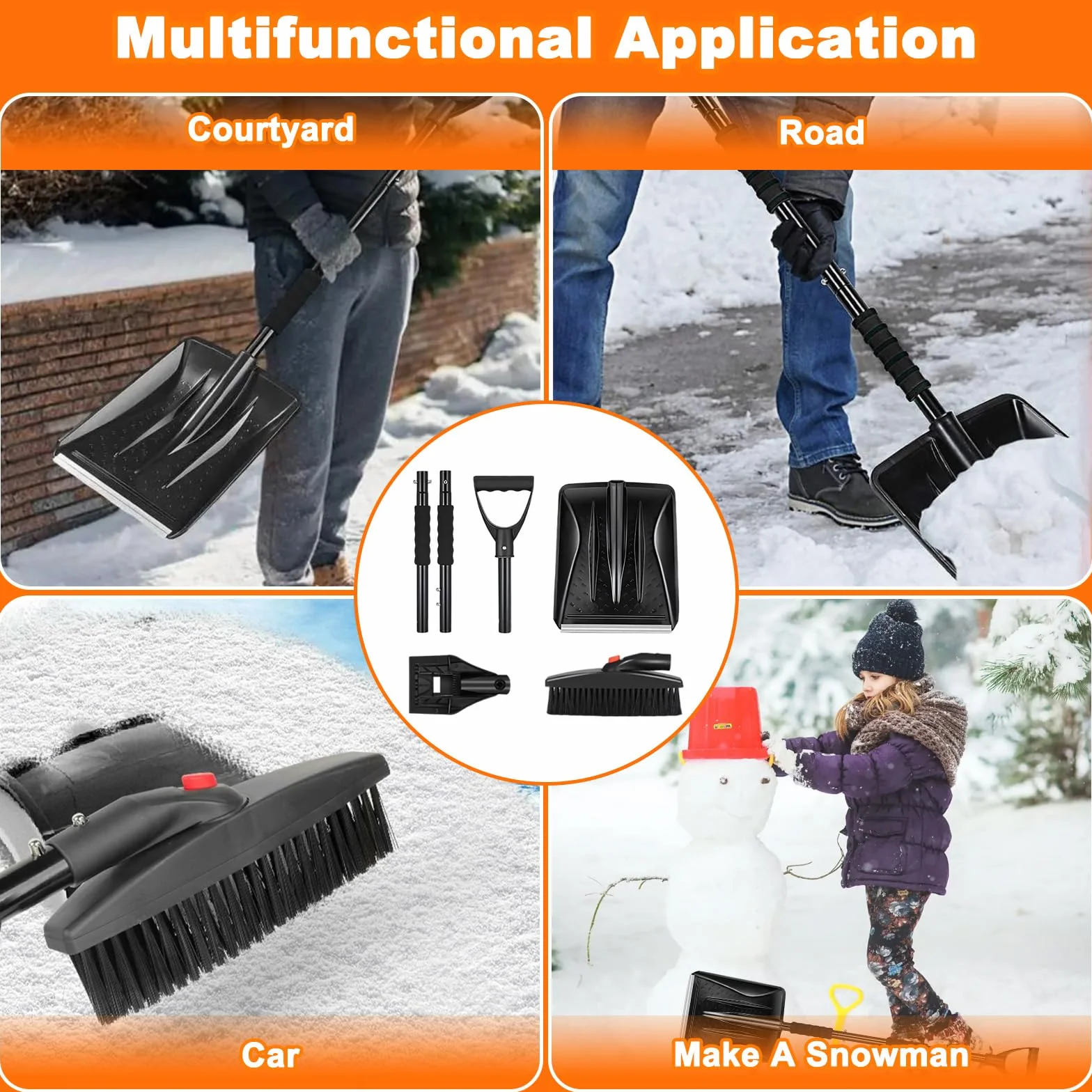 Pala de Nieve Ajustable 112 cm, Diseño Desmontable 3 Piezas, Mango en Forma de D para Coches, Camiones, Camping