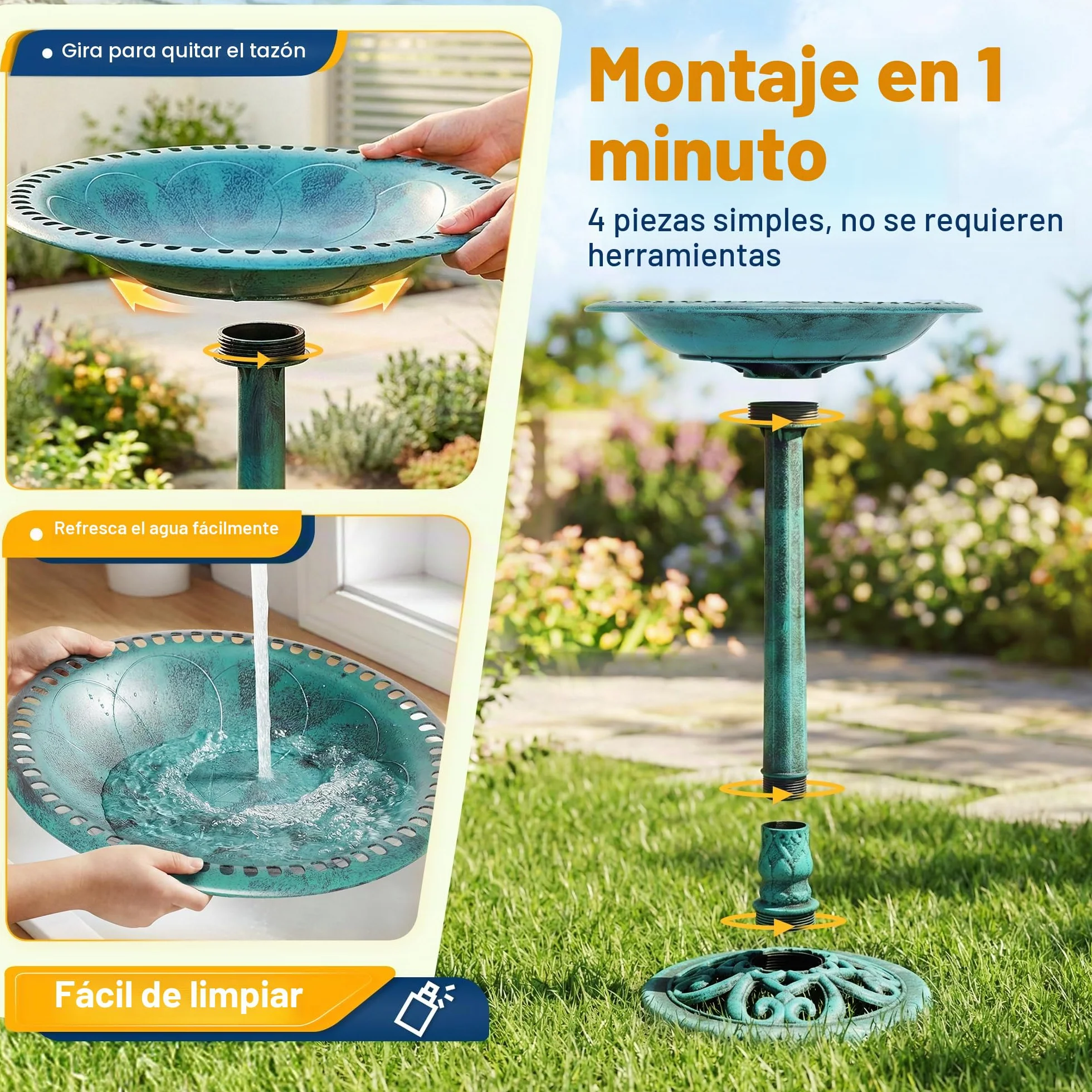 VIVOHOME Baño para Pájaros de Poliresina con Fuente Solar 2 en 1 Antiguo para Jardín