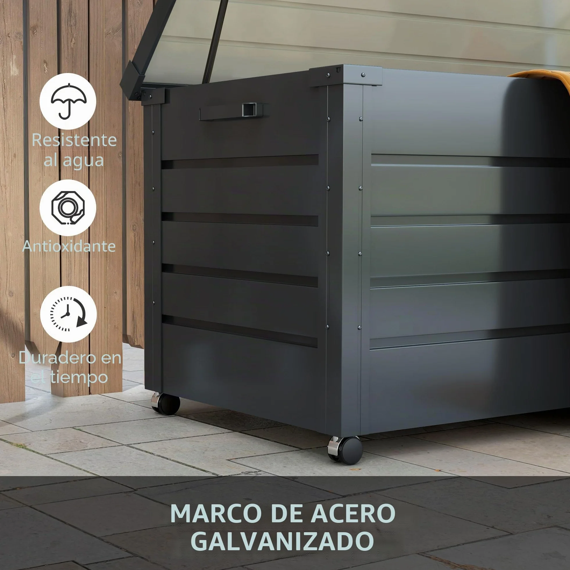 Outsunny Baúl Almacenaje Exterior 311L Acero Galvanizado 4 Ruedas Impermeable 120x62x66 cm Gris Oscuro