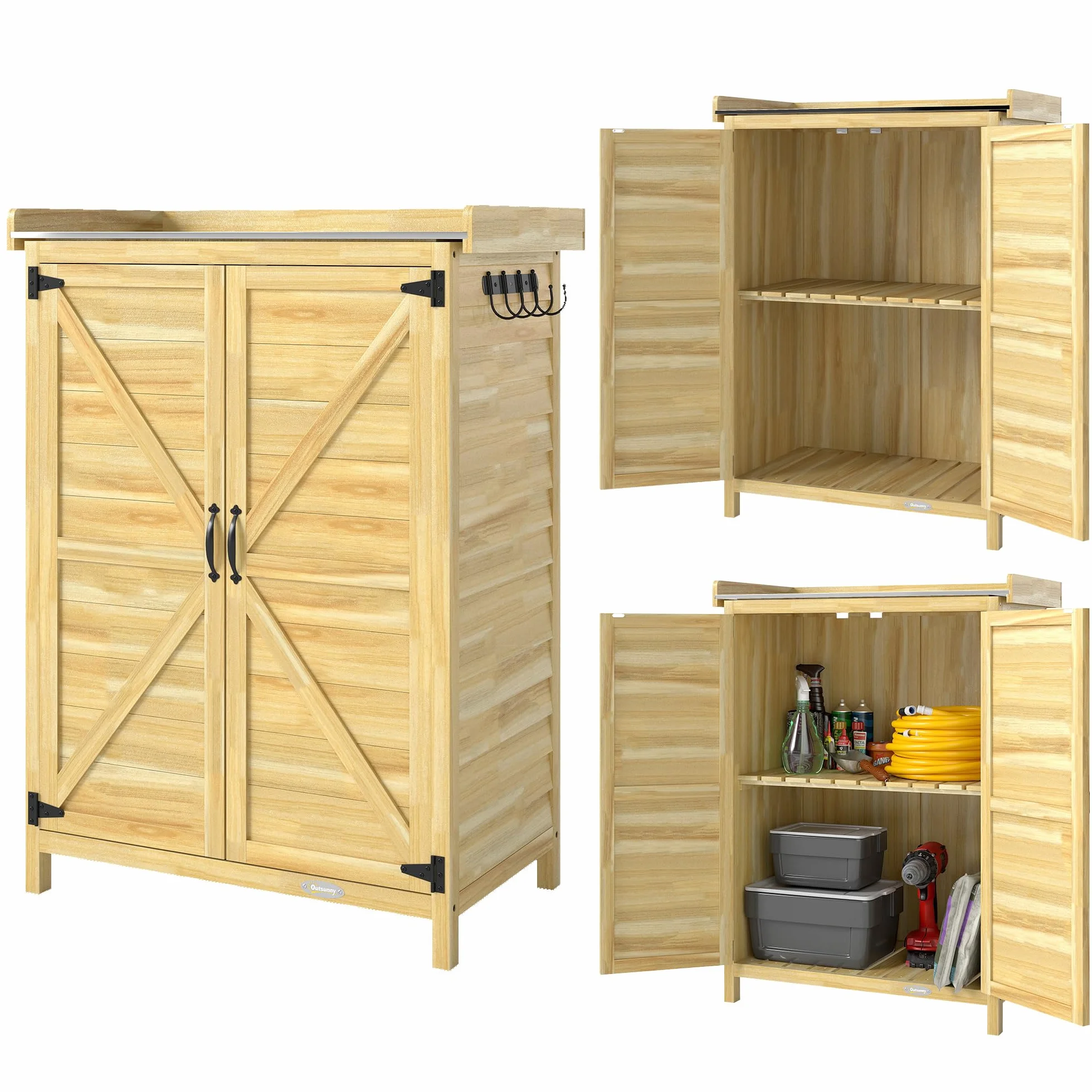 Outsunny Armario Exterior Madera Caseta Jardín Techo Metal Galvanizado Estantes 2 Puertas Ganchos Cobertizo Almacenaje Herramientas 71,5x39x95 cm Natural