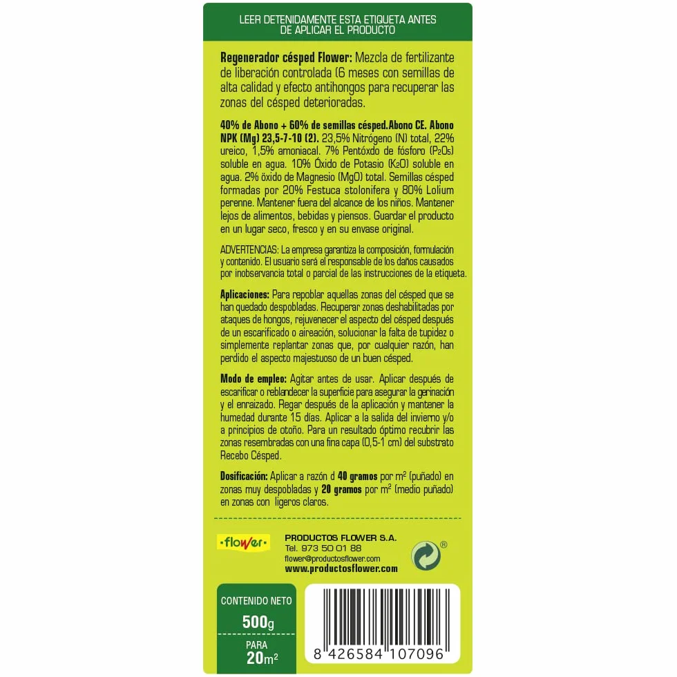 Flower Regenerador Césped Liberación Controlada 6 Meses Abonado Continuo 500 g