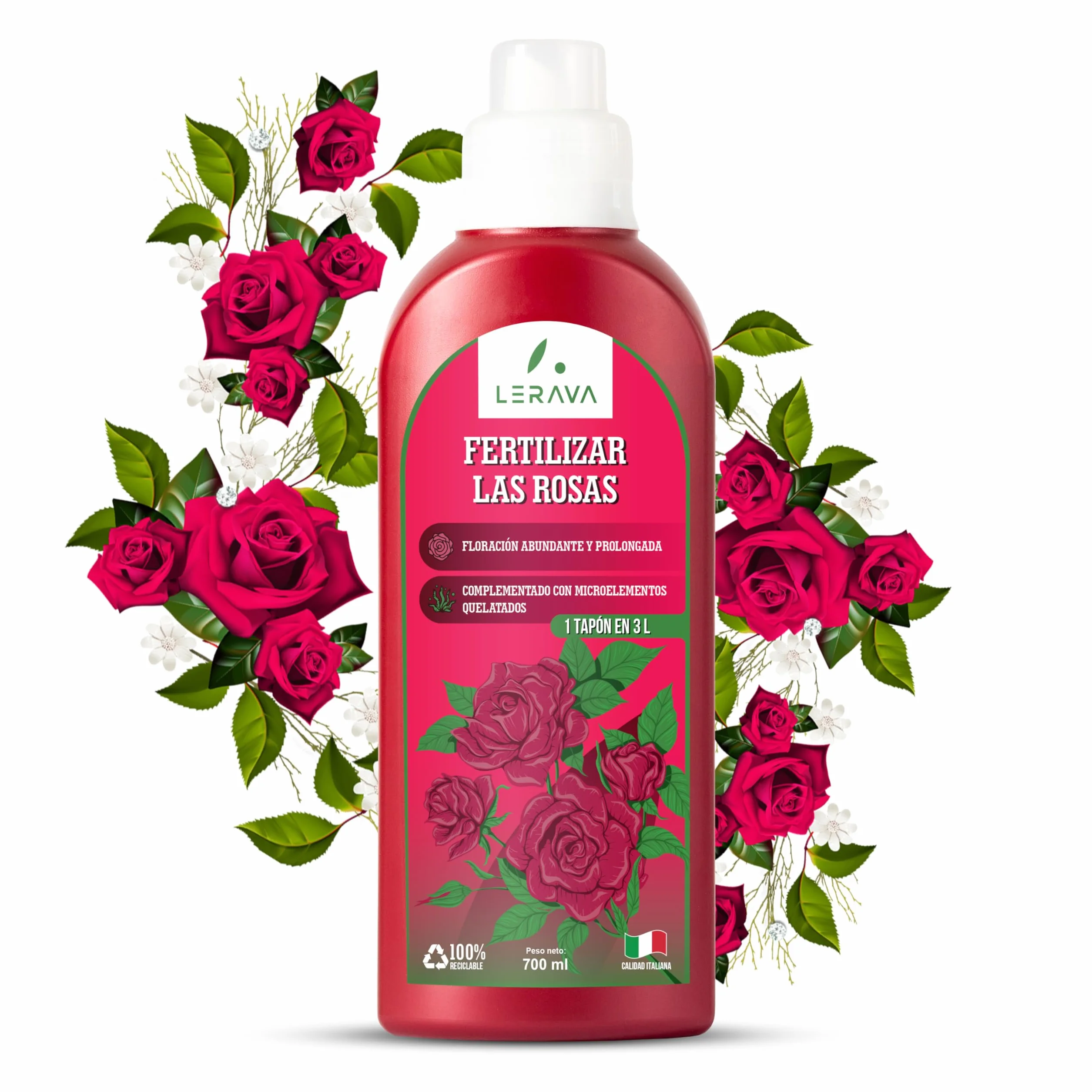 LERAVA Abono líquido para rosas 700 ml con tapón dosificador quelatos microelementos Made in Italy