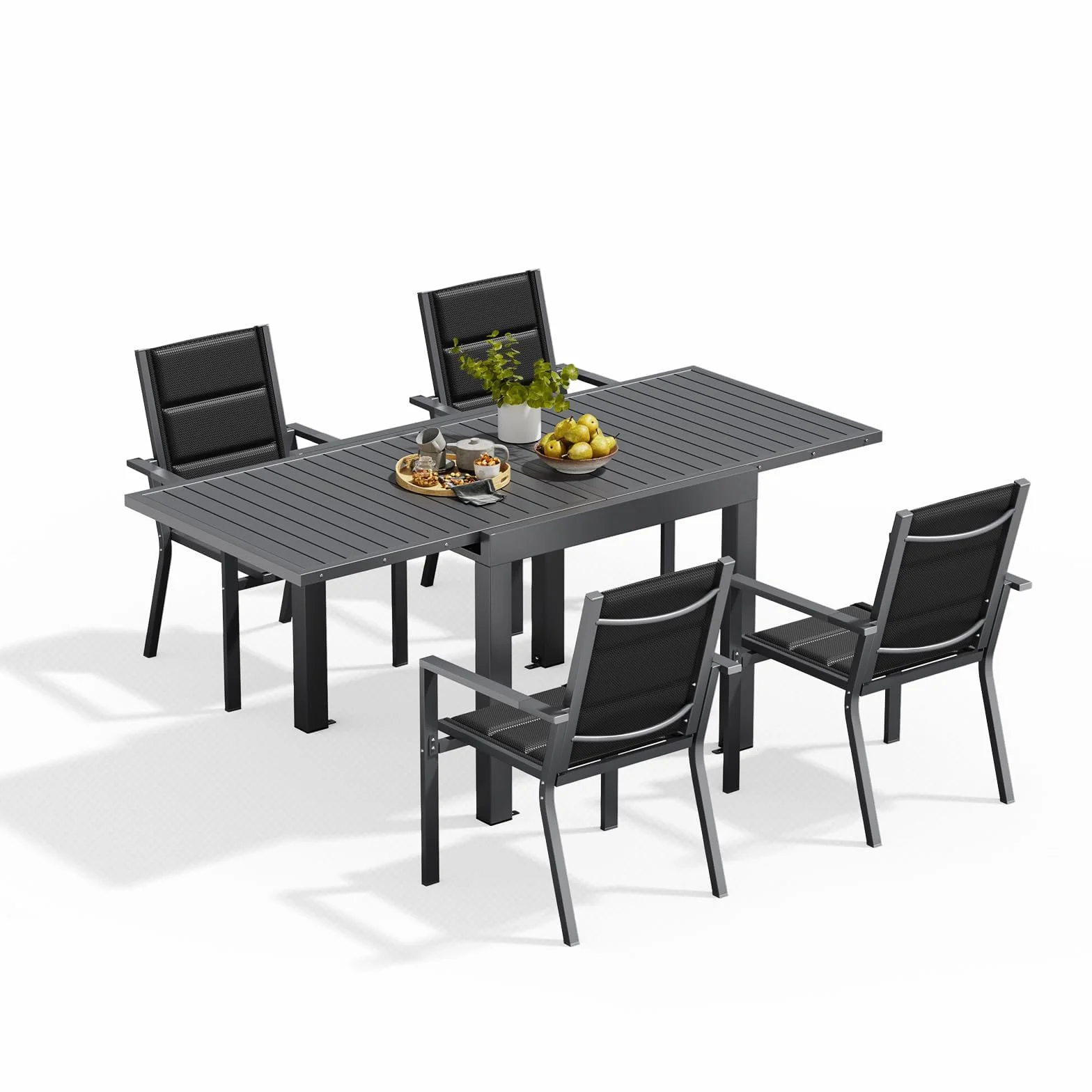 Devoko Conjunto Jardin Exterior 4 Personas, Mesa y Sillas De Comedor De Aluminio 4+1, 4 Sillas Apilables de Aluminio y 1 80-160CM Mesa Jardin Extensible, Muebles Jardin, Gris Oscuro