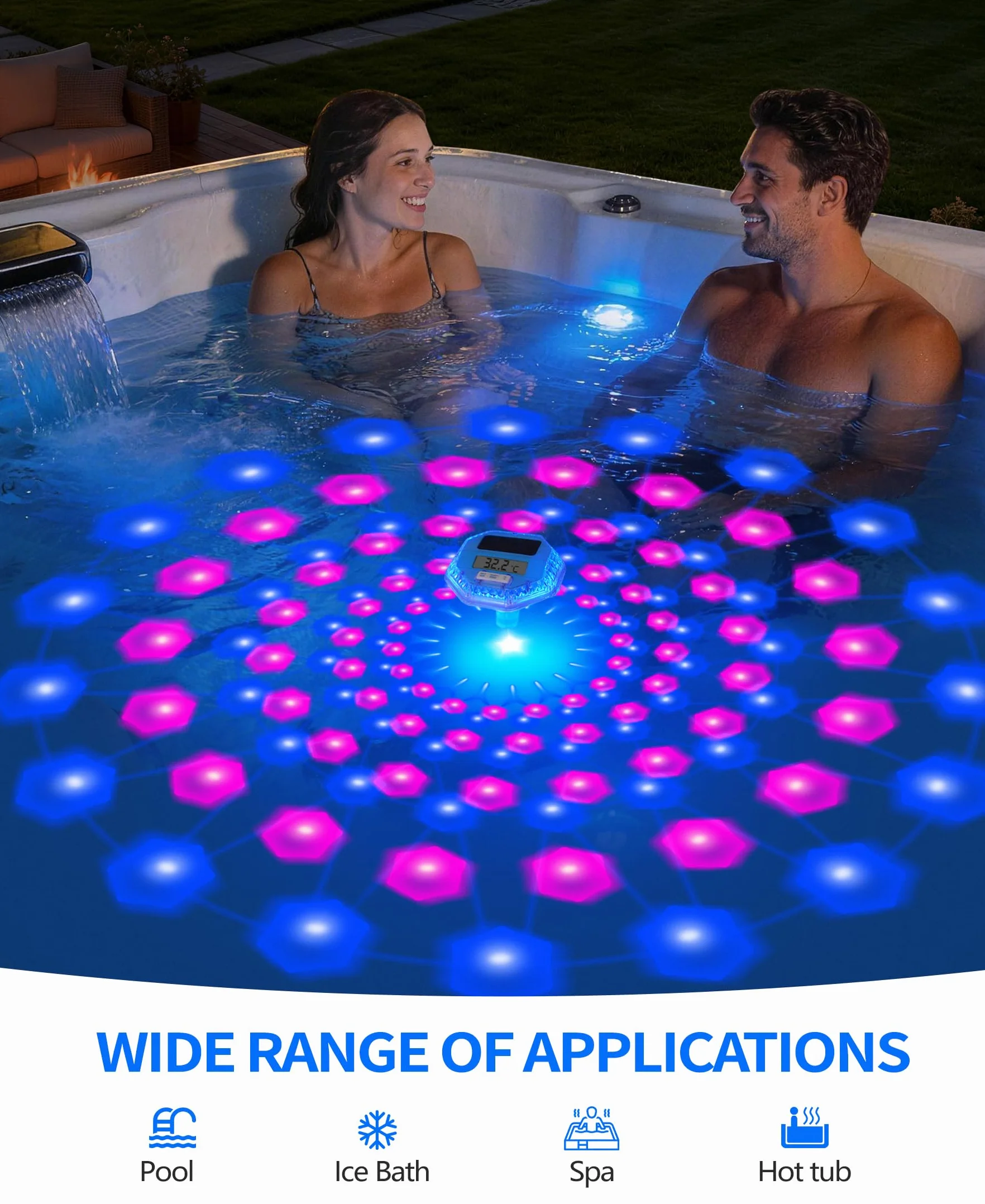 LanBlu Termómetro Piscina Flotante Solar con Luces, Pantalla LCD para Agua Piscina SPA Estanque