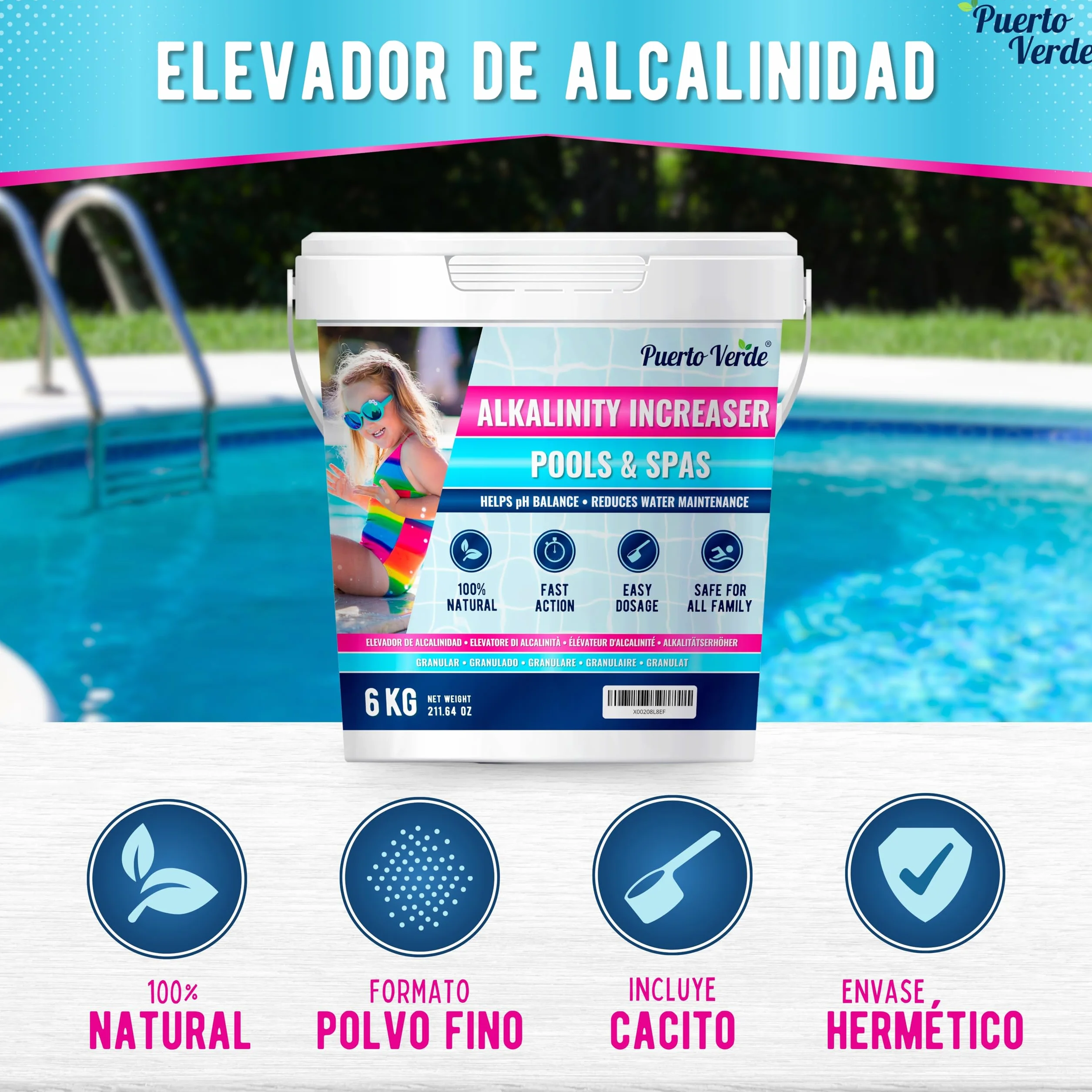 • Incrementador Alcalinidad Piscinas 6 Kg. Ajuste de Alcalinidad (TAC) y Equilibrio del pH. Apto para Hidromasajes y Spas. Formato Polvo Seguro para Toda la Familia. Producción Española.