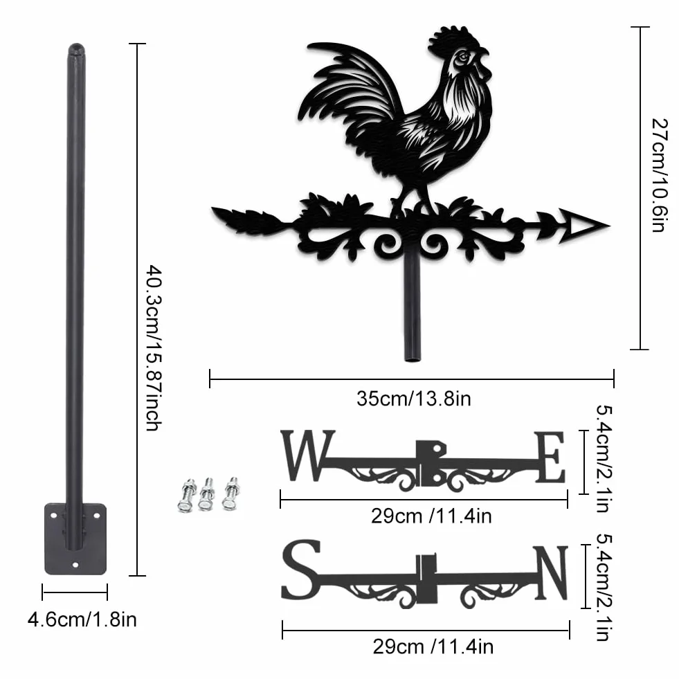INFUNLY veleta de viento de pollito paleta de metal gallo negro 35 x 27 cm para techo jardín