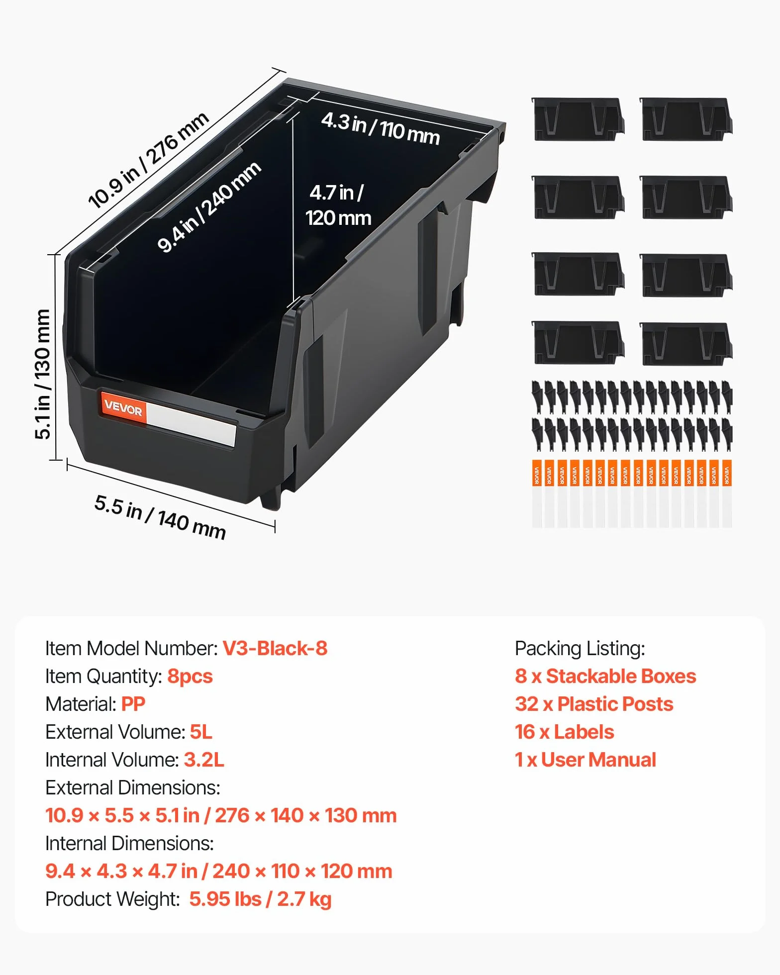 VEVOR Cajas Apilables de Almacenamiento, 276 x 140 x 130 mm, Plástico PP, Transparentes, 8 uds, Negro