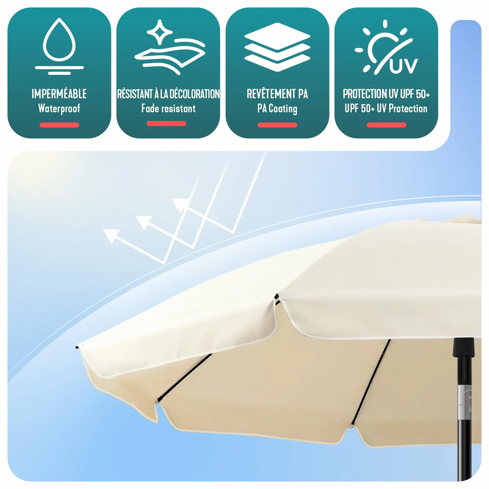 VOUNOT Parasol Playa Grande Ø200cm Protección UV 50+ Soporte Arena Mástil Inclinable Altura Regulable con Bolsa Transporte