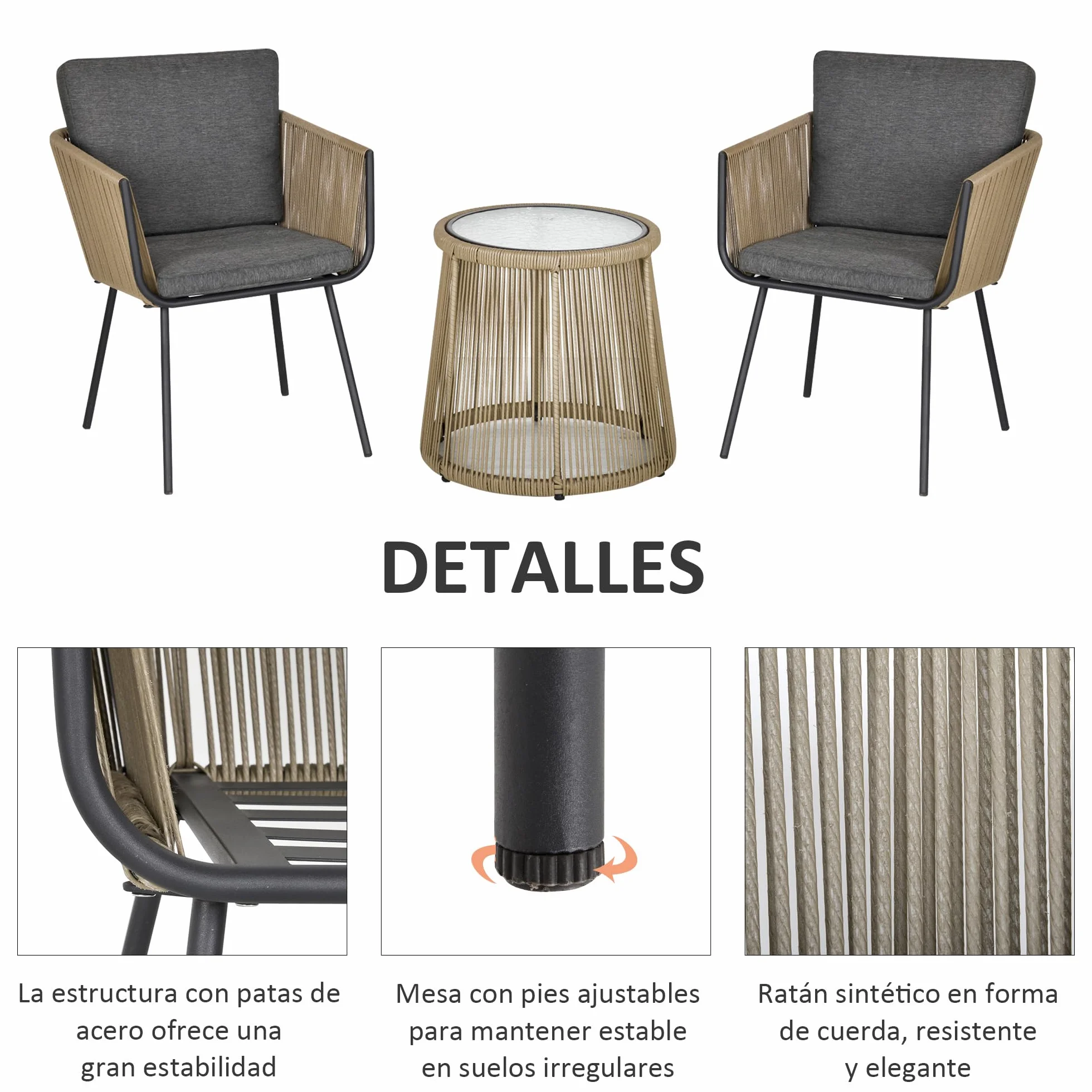 Outsunny Conjunto de Jardín 3 Piezas Silla y Mesa Ratán Cojines Vidrio Balcón Terraza Gris