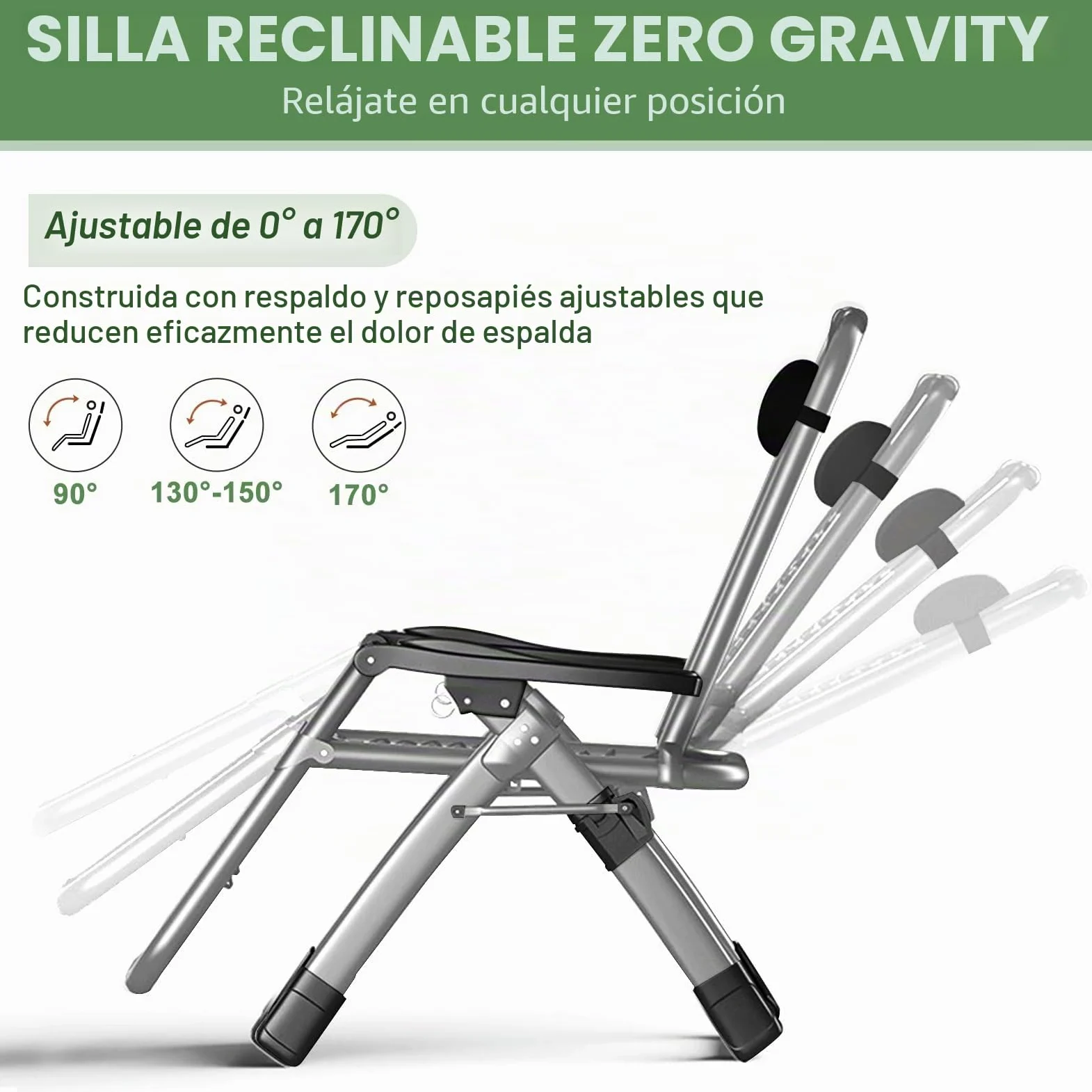 Tumbona Ryuhic para jardín, silla de gravedad cero ajustable, resistente con cojín y reposacabezas, bolsillo, soporta 200 kg, sillas reclinables plegables