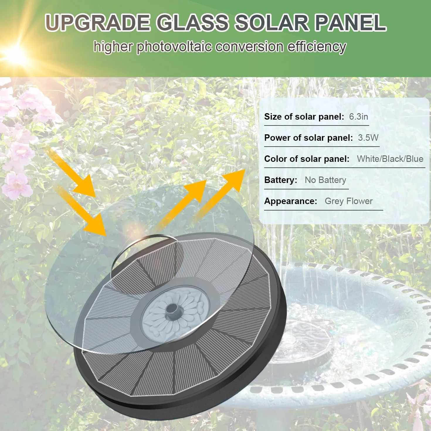 SZMP Fuente Solar Bomba 3.5W Vidrio Solar Panel Bomba de Agua Solar 8 Boquillas 4 Fijadores para Estanque Jardín Exterior