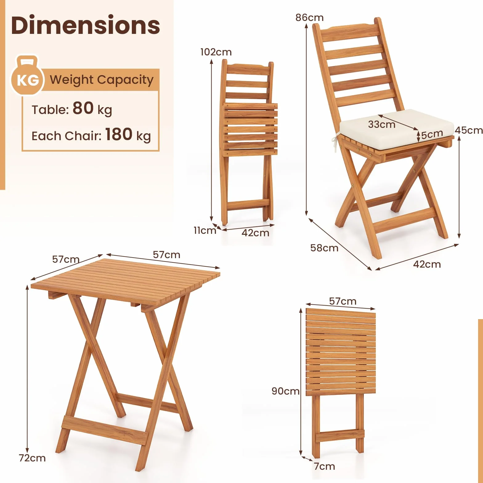 KOMFOTTEU Juego de Bistro 3 Piezas Plegables, Mesa y 2 Sillas de Madera de Acacia para Jardín