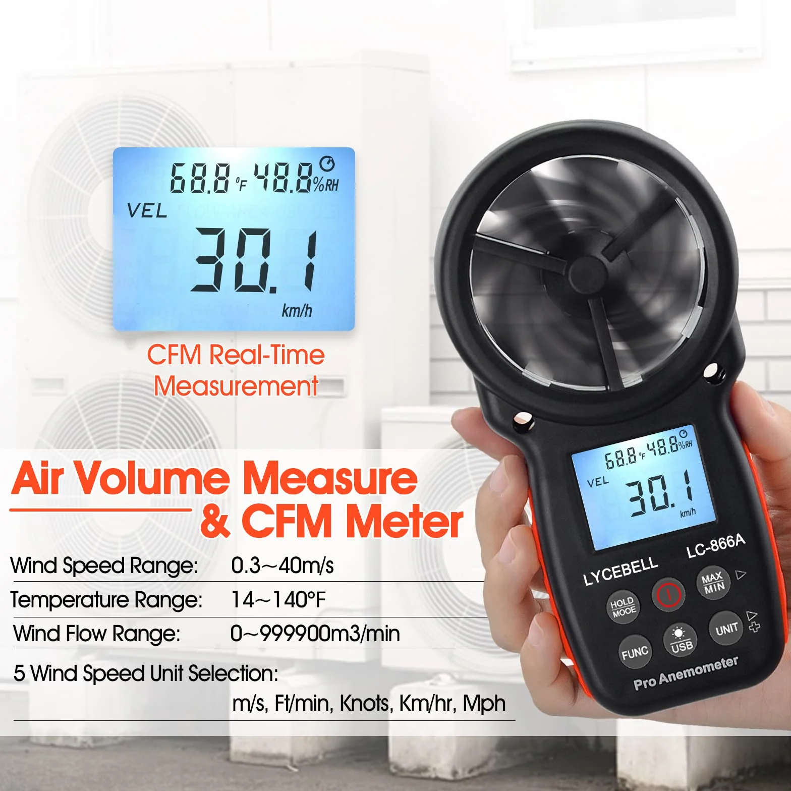 Anemómetro Digital de Mano 866A, Medidor de Velocidad del Viento, Flujo del Aire, Temperatura, Humedad, Puerto USB para HVAC