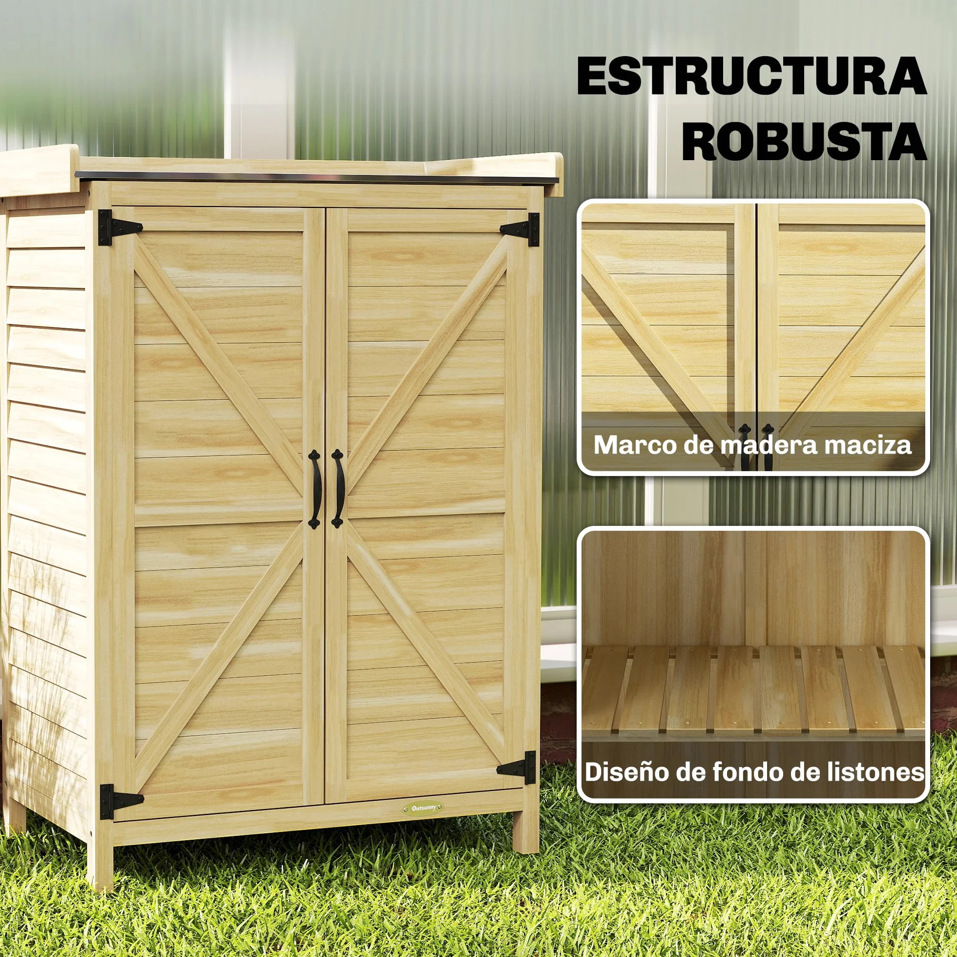 Outsunny Armario Exterior Madera Caseta Jardín Techo Metal Galvanizado Estantes 2 Puertas Ganchos Cobertizo Almacenaje Herramientas 71,5x39x95 cm Natural