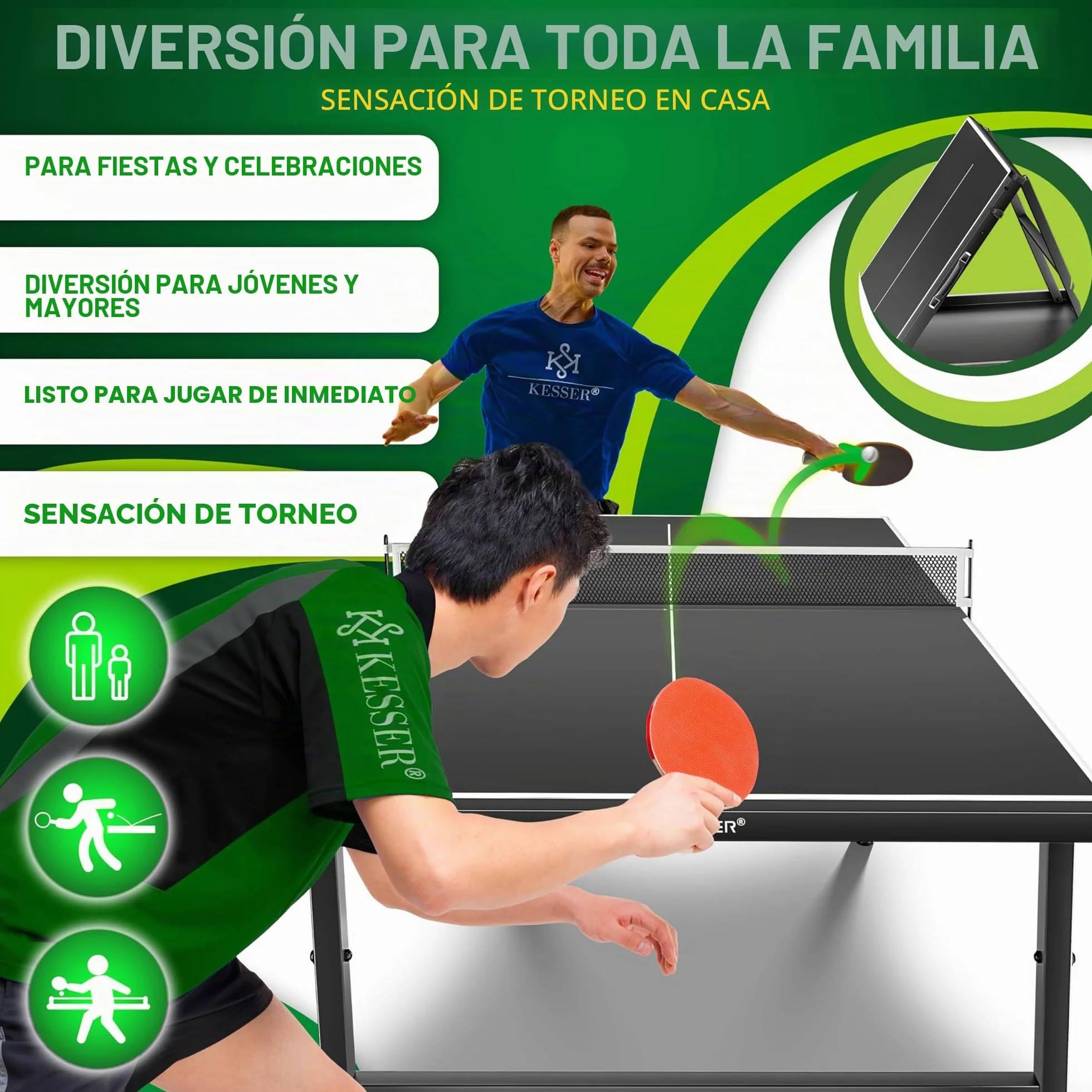KESSER Mesa de ping pong Mini Outdoor Interior con raquetas, pelotas y red TT – Resistente a la intemperie – Plegable para viajes