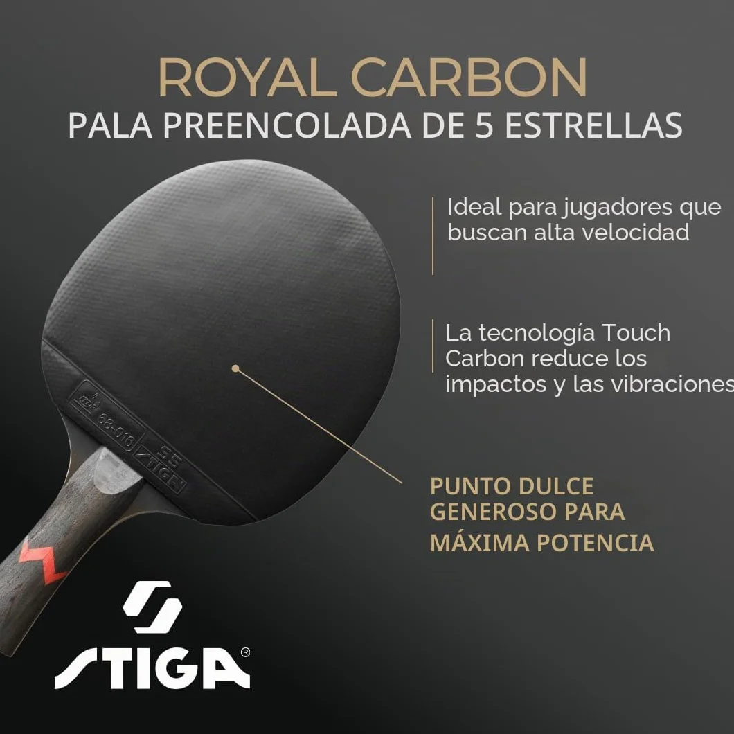 STIGA Royal Carbon Raqueta de Tenis de Mesa 5 Estrellas Profesional Hoja 5 Capas Fibra de Carbono Goma ITTF